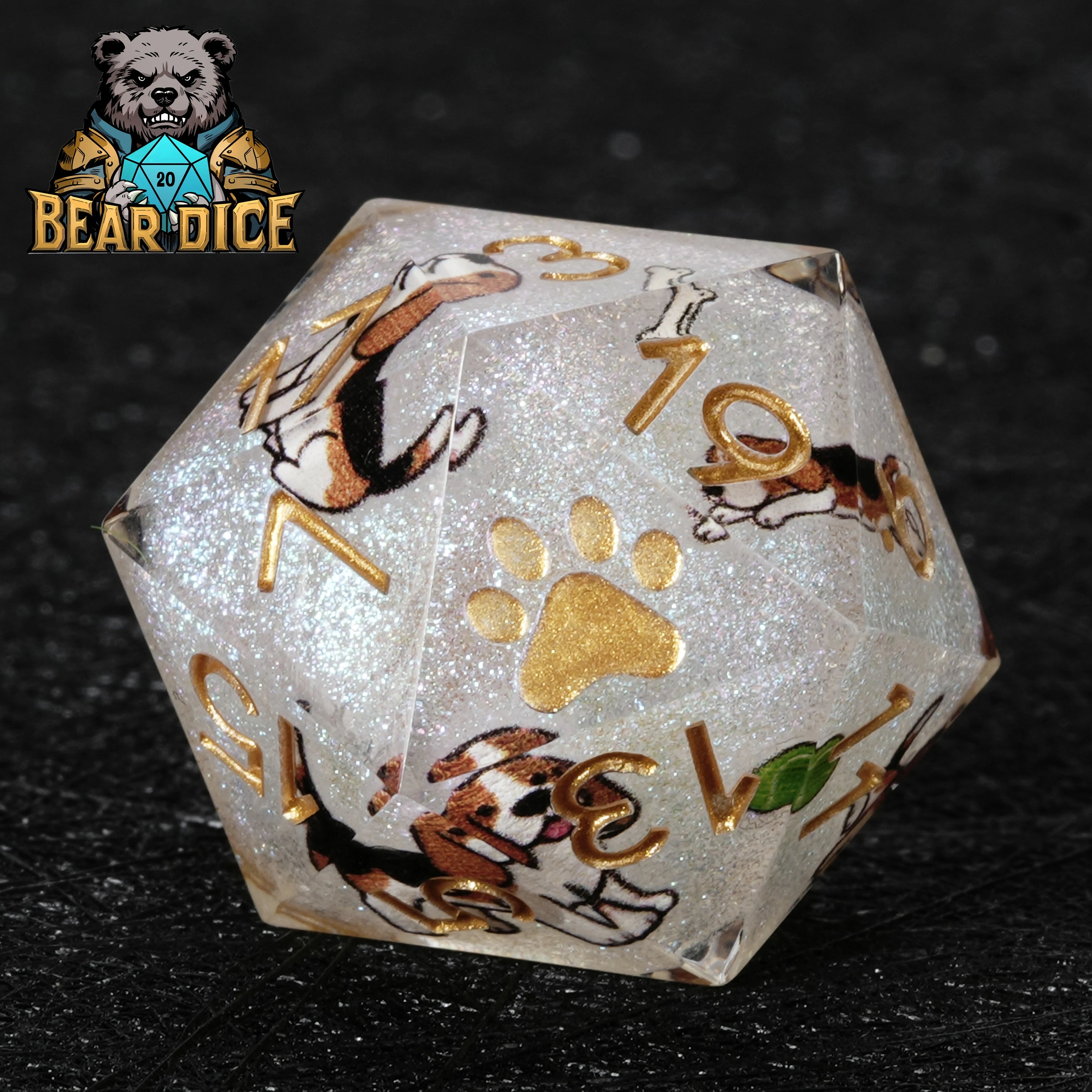 Beagle White Glitter Resin DND D20 Dice | RPG Polyhedral Dice Set