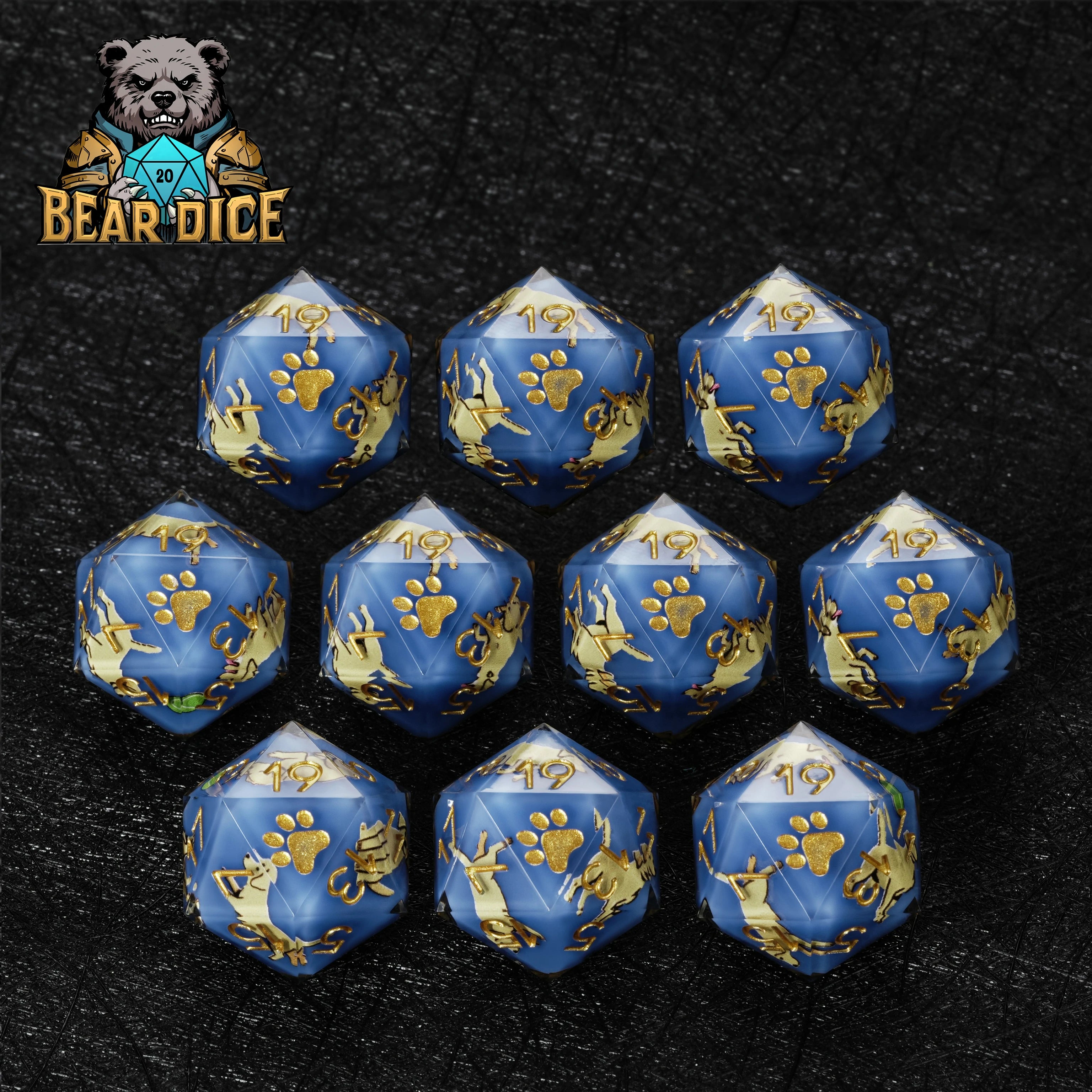 Labrador Blue Resin DND Dice Set | D20 Polyhedral RPG Dice with Gold Paw Print