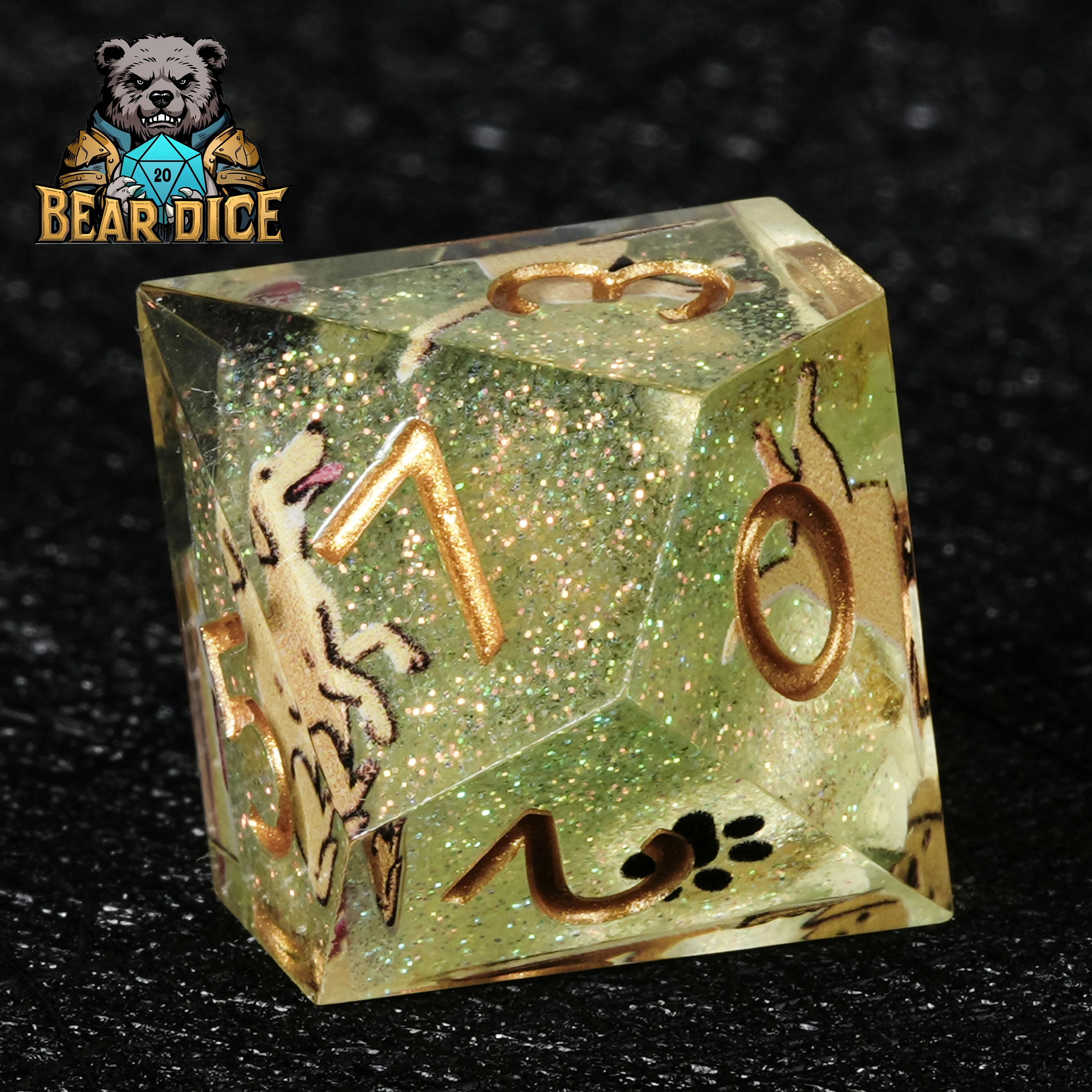 Labrador Green Glitter Resin DND D10 Dice Set | RPG Polyhedral Dice with Dog Art