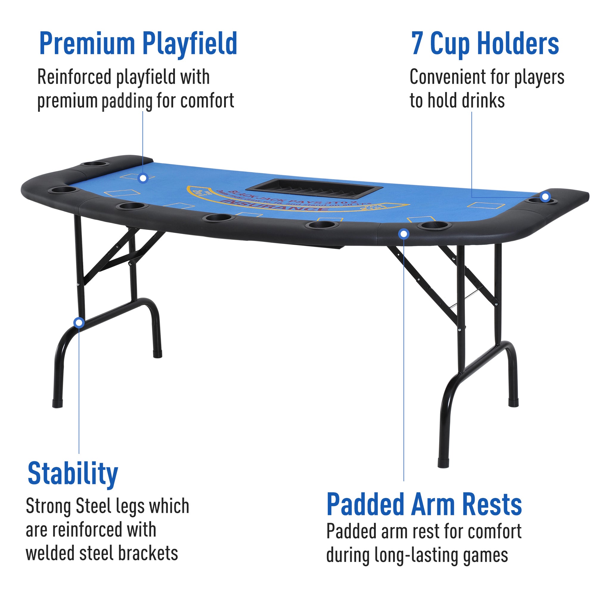 72-Inch Foldable Portable Poker Table – Suitable for Blackjack and Poker, Featuring 7 Cup Holders, Padded Armrests, and Sturdy Steel Legs | Bear Dice