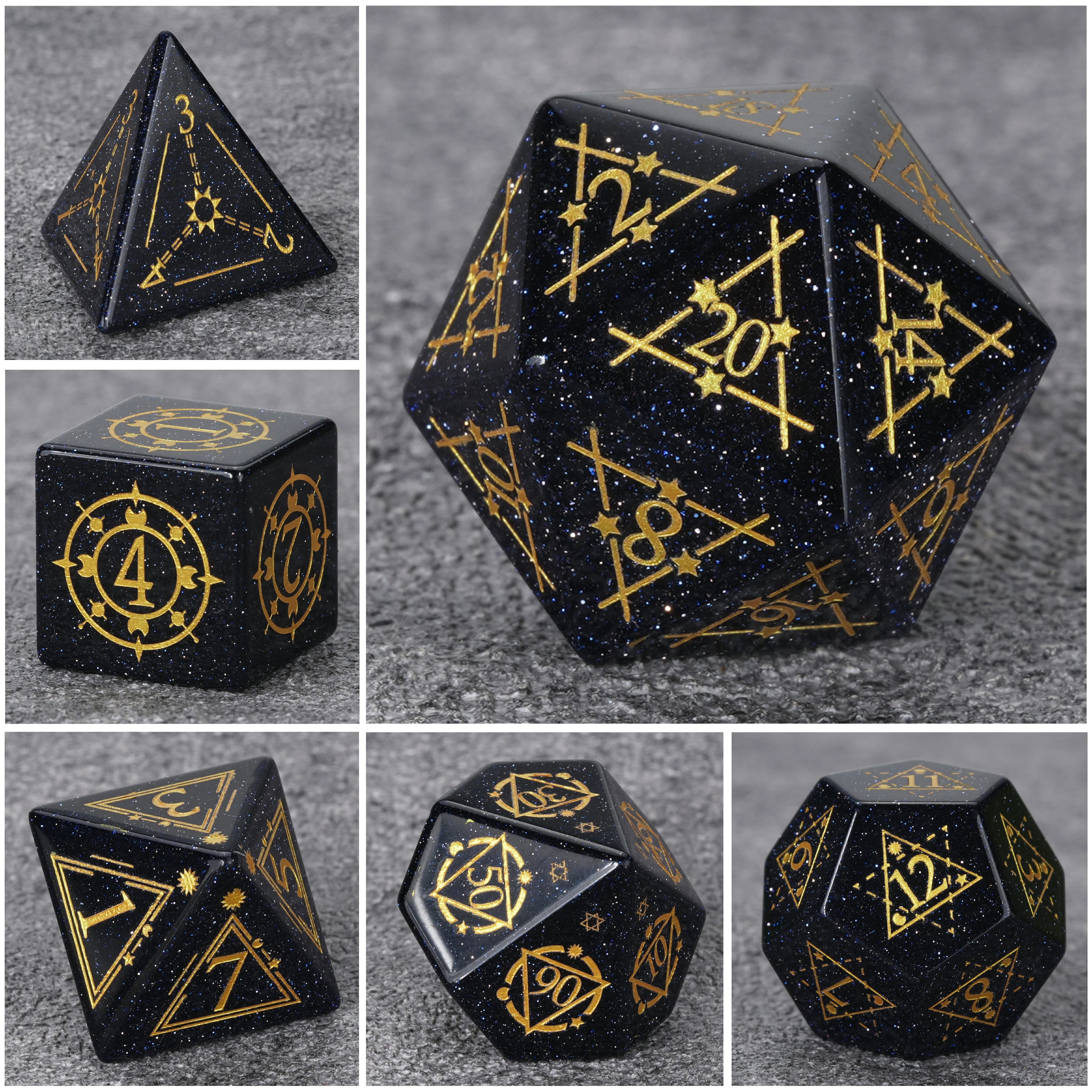 Blue Goldstone Dice Set with Golden Magic Triangle & Star Array
