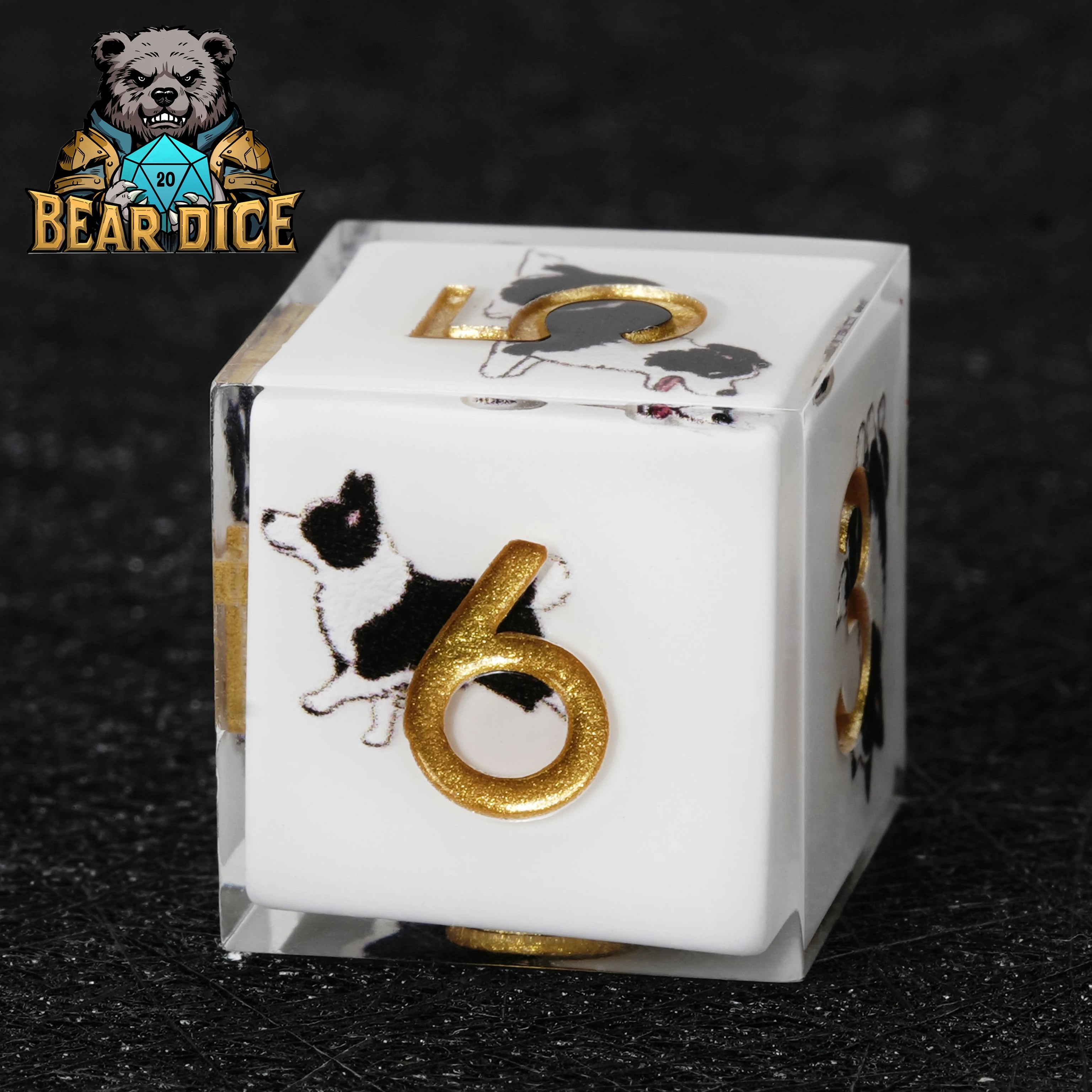 Border Collie White Resin D6 Dice – D&D RPG Gaming Dice