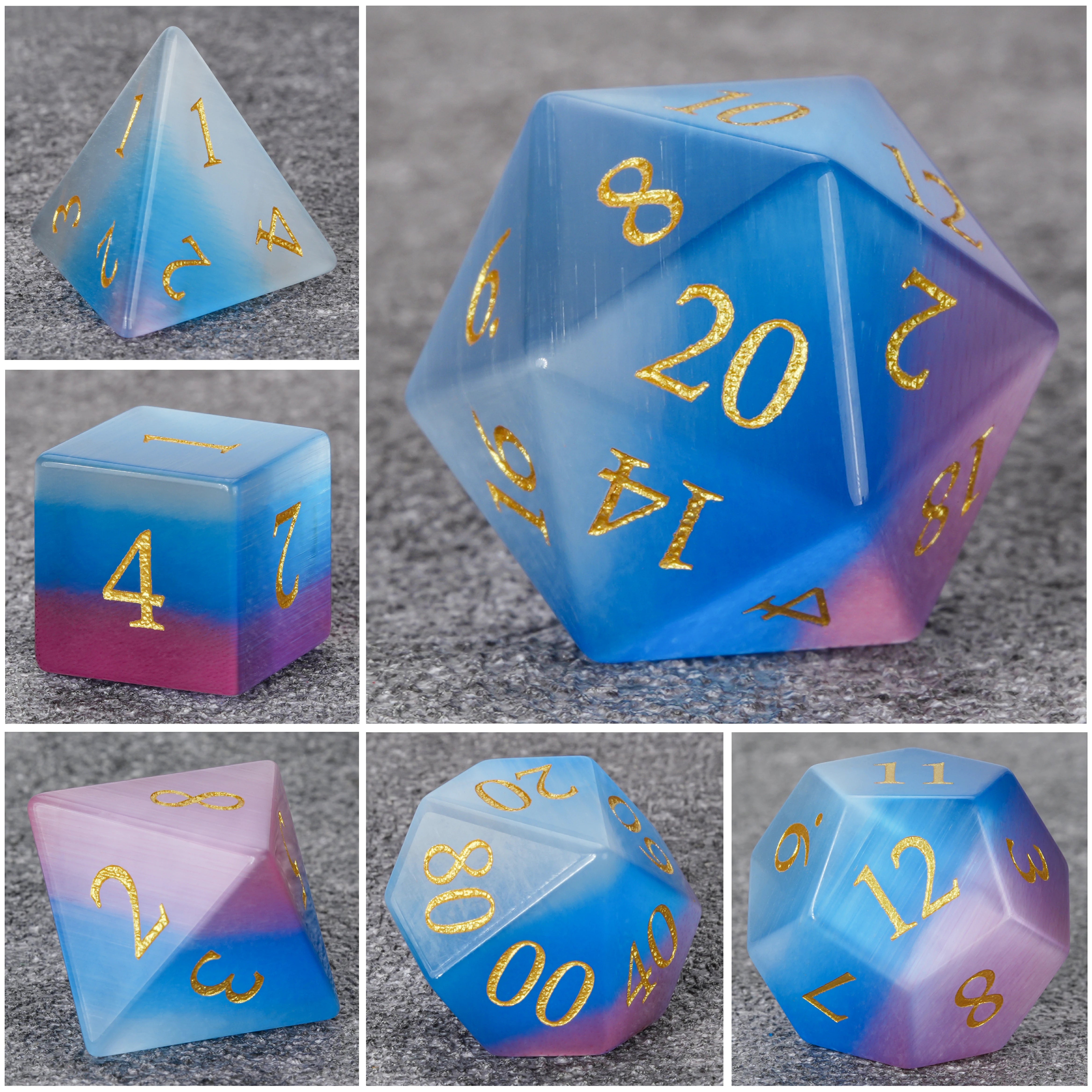 Pink-Aquamarine Cat's Eye Gemstone Dice Set