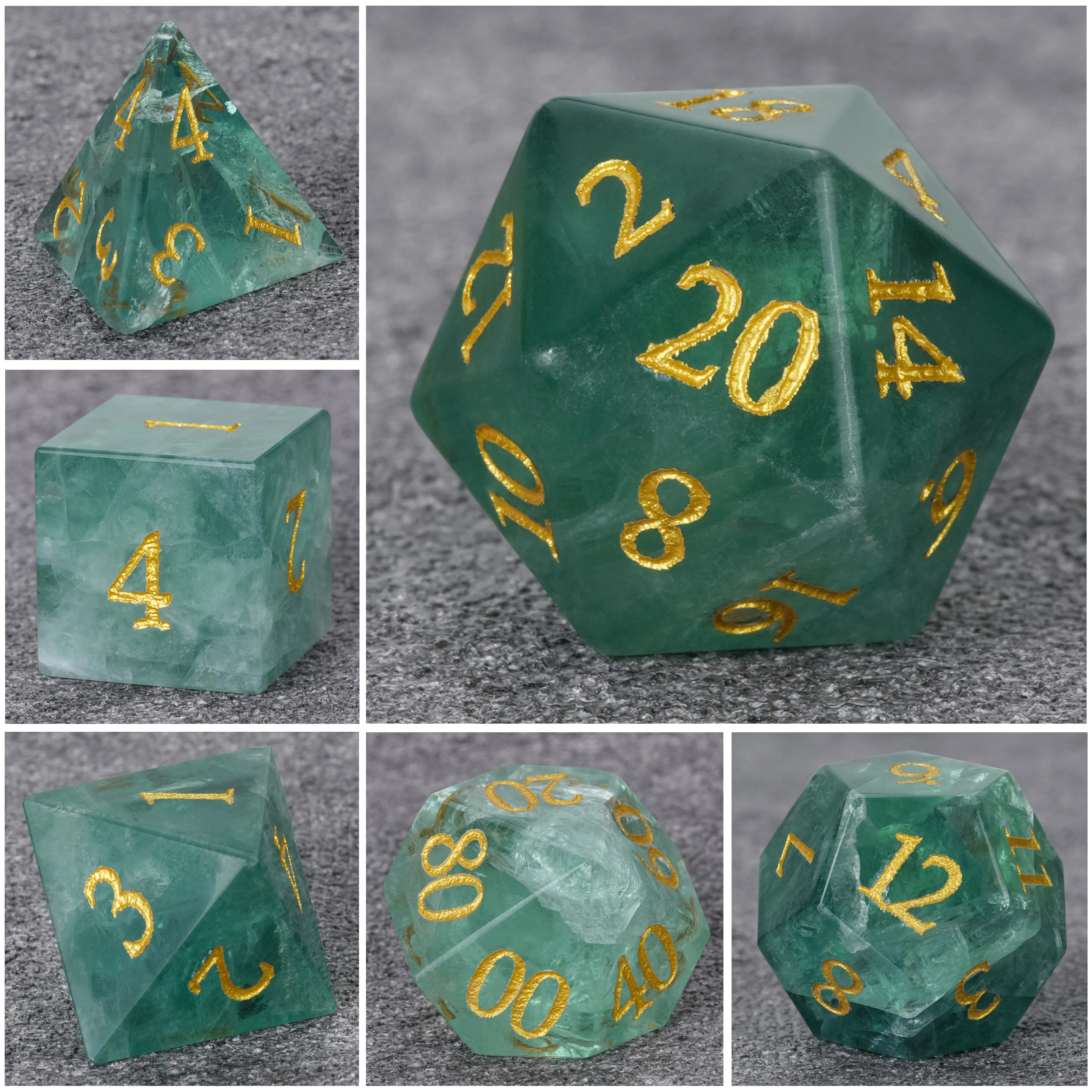 Natural Green Fluorite Multi-Faceted Dice Set
