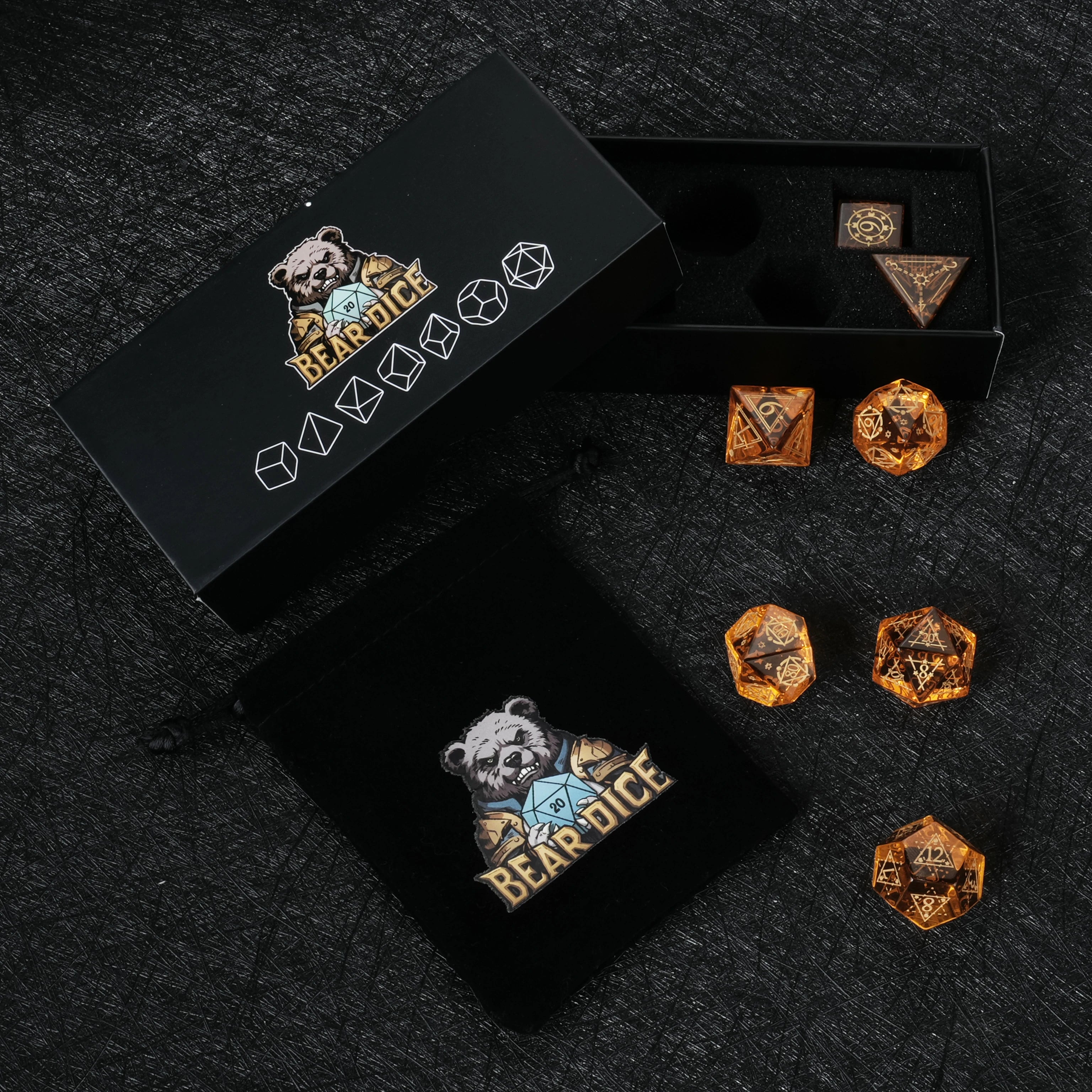 Orange Glass Dice Set with Gold Starburst Constellation Patterns