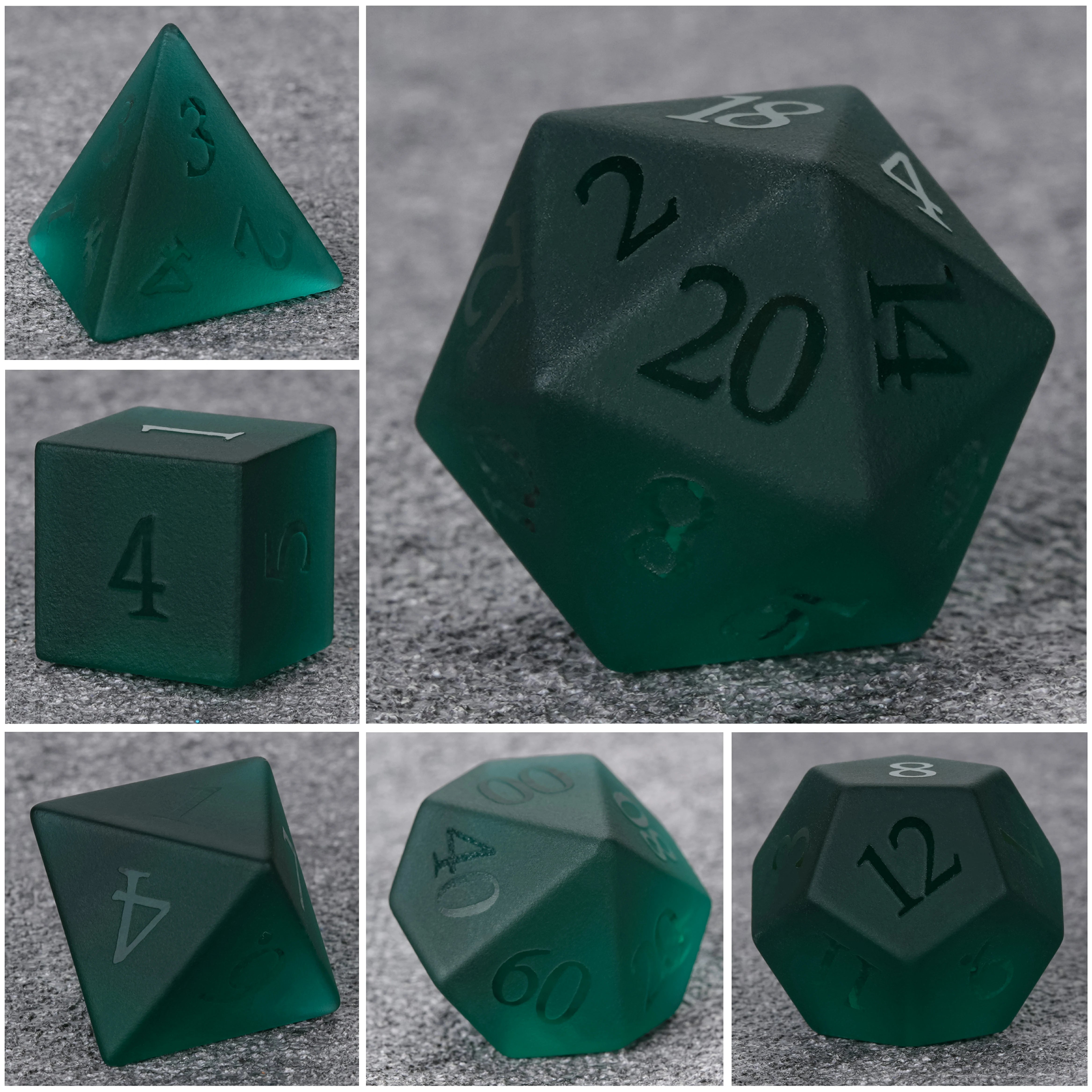 Frosted Pine-Green Glass Dice Set with Raised Numbers