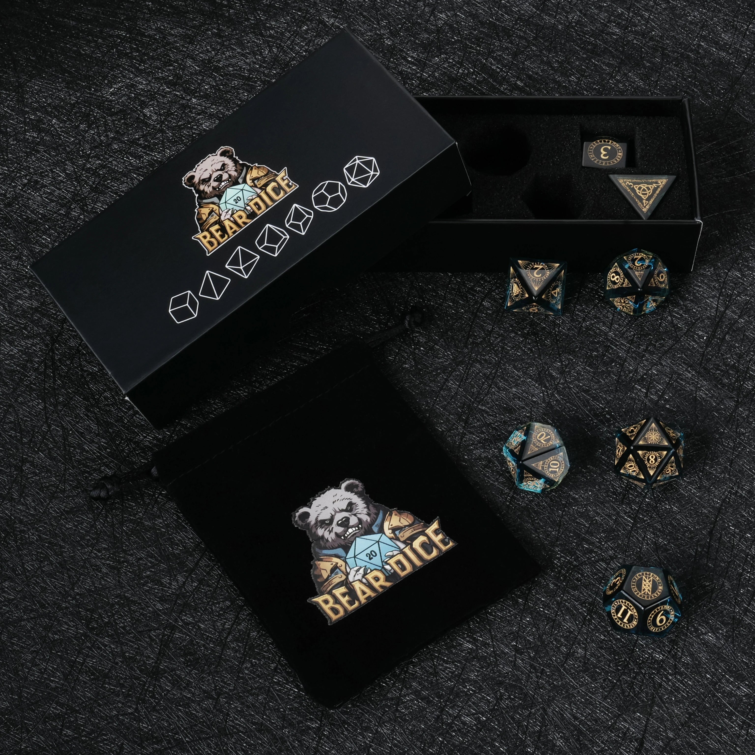 Blue Crystal Glass Dice Set with Gold Magical Runes