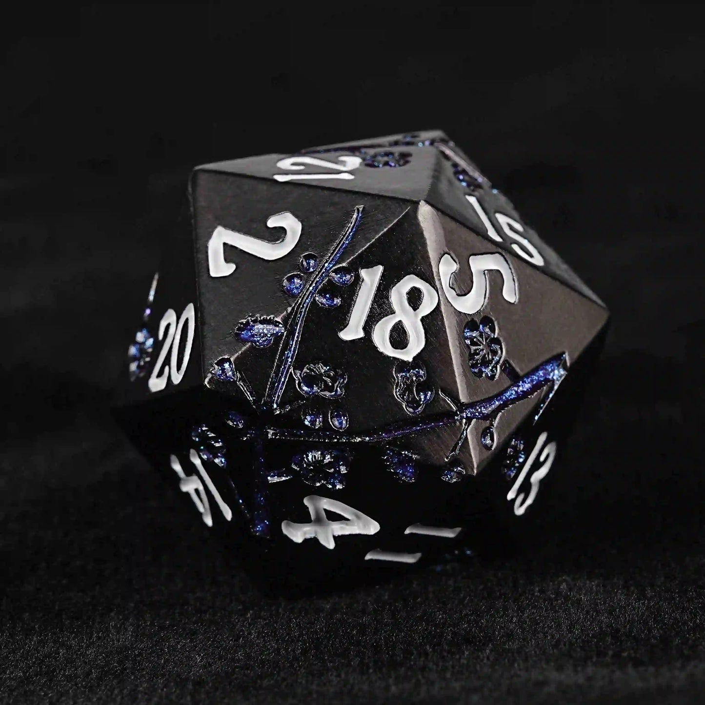 Black and Blue Cherry Blossom Metal DND D20 Dice + White Number | Bear Dice