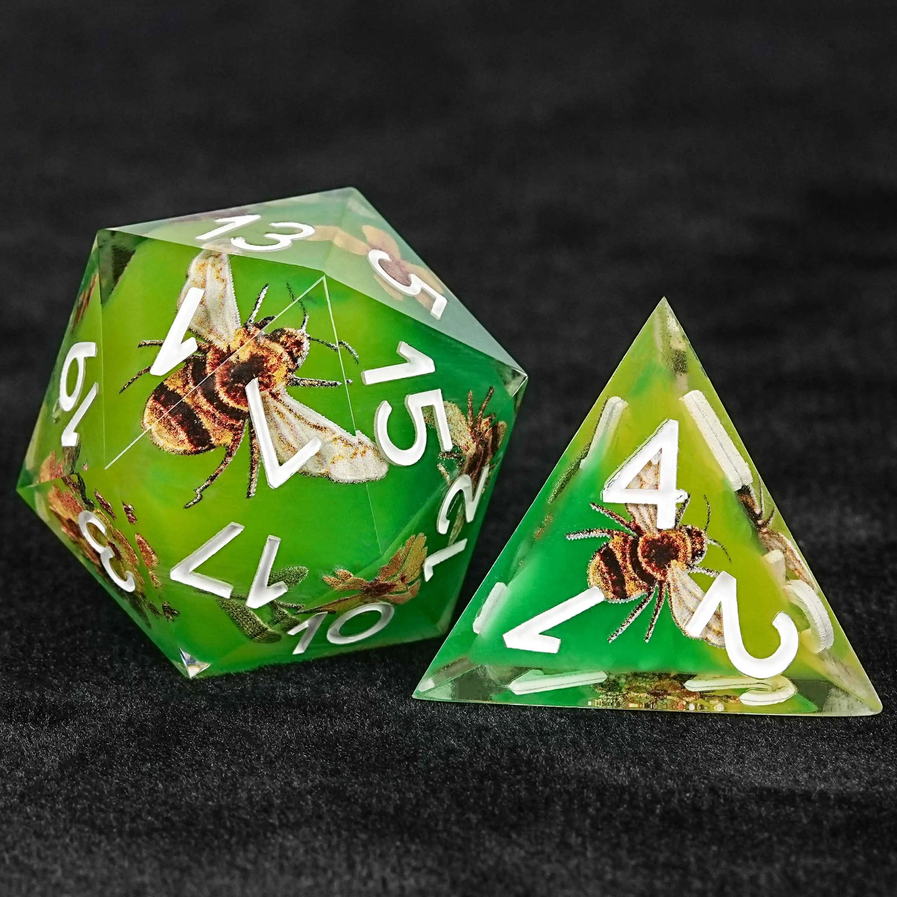 Bees Collecting Honey from Flowers Yellow-Green Resin RPG 20 Sided Dice 
 + D4 Dice + White Font | Bear Dice