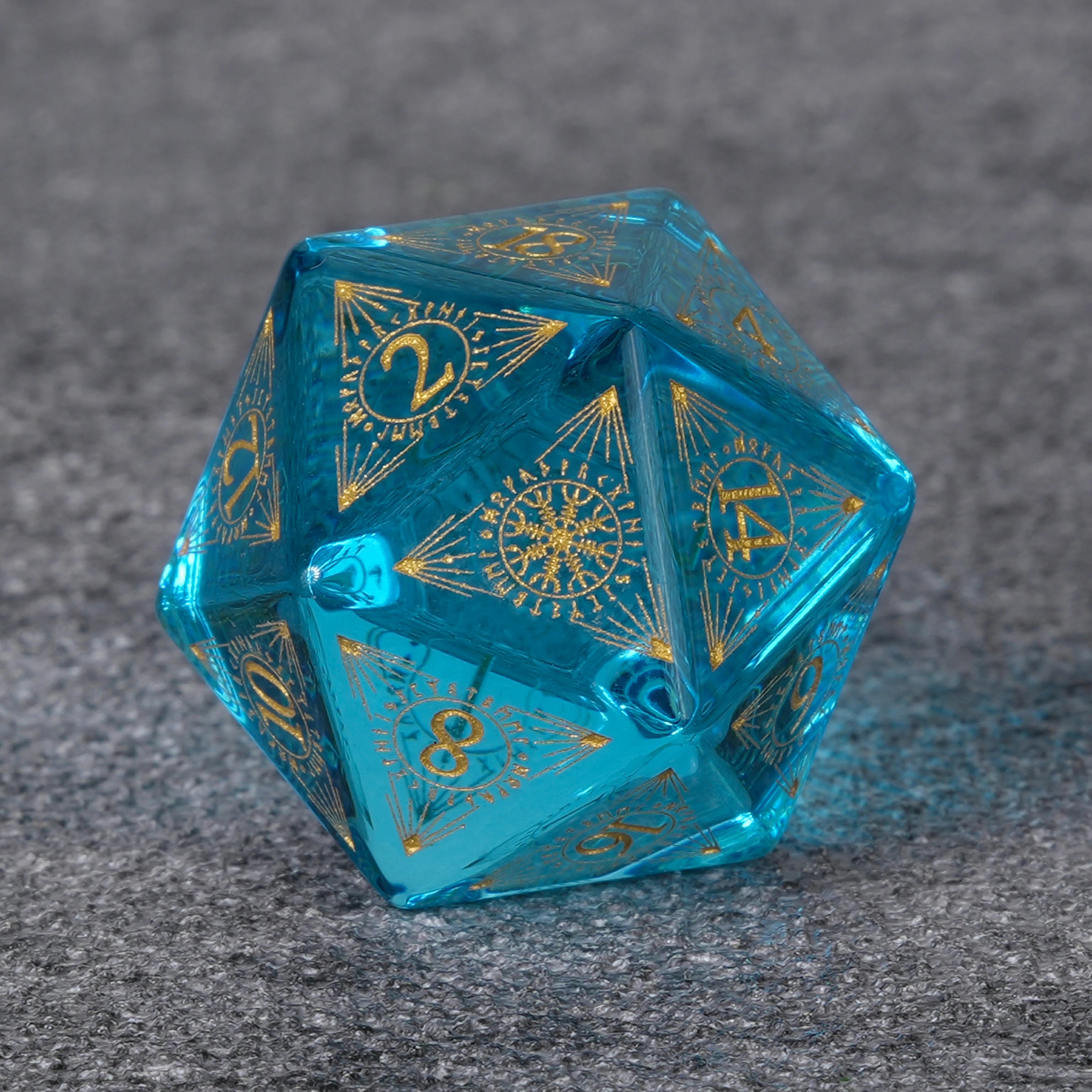 Ice Blue Glass Dice Set with Mystical Rune Magic Circle