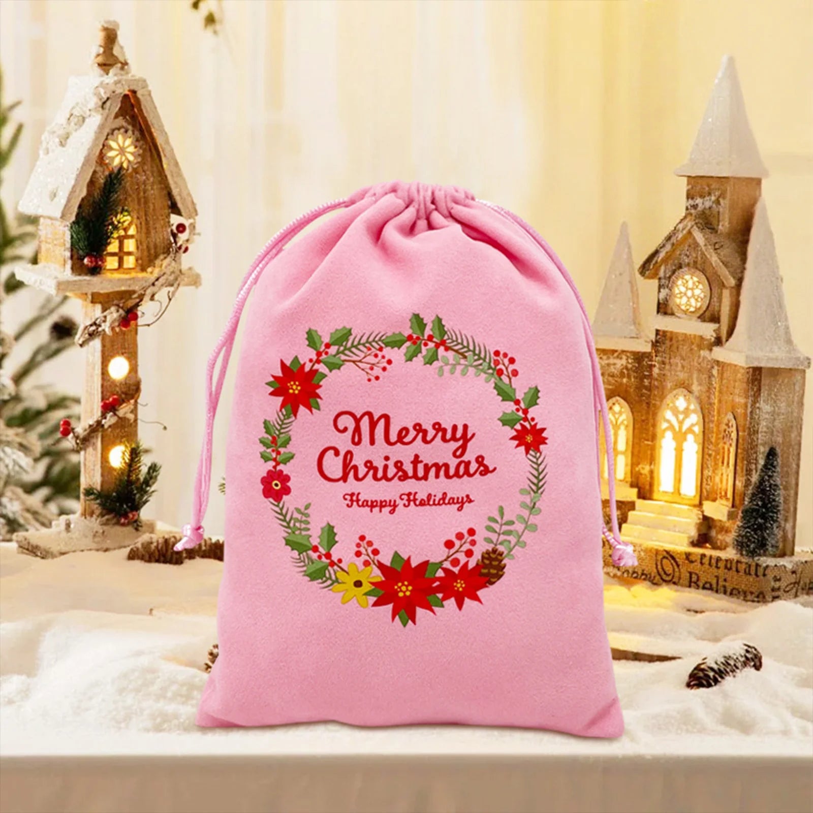 Christmas themed drawstring bag for board game dice storage, cute velvet gift bag