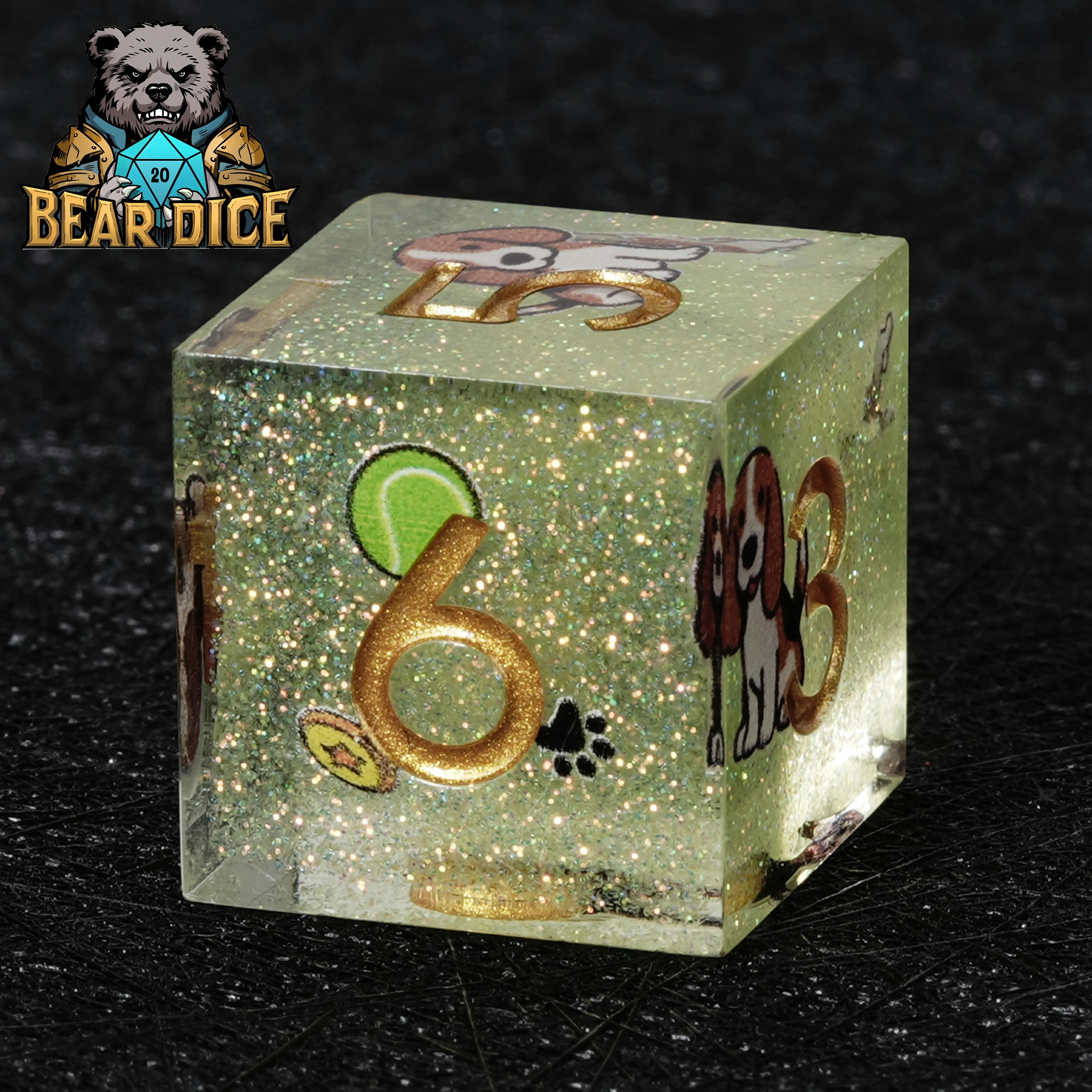 Beagle Green Glitter Resin DND D6 Dice | Single Six-Sided RPG Die