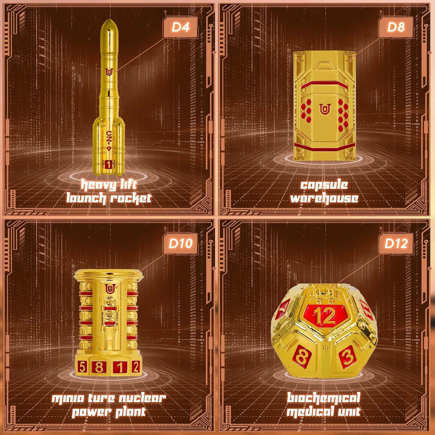 Space Rocket & Station Metal Dice Set | Sci-Fi Metal Dice for RPG