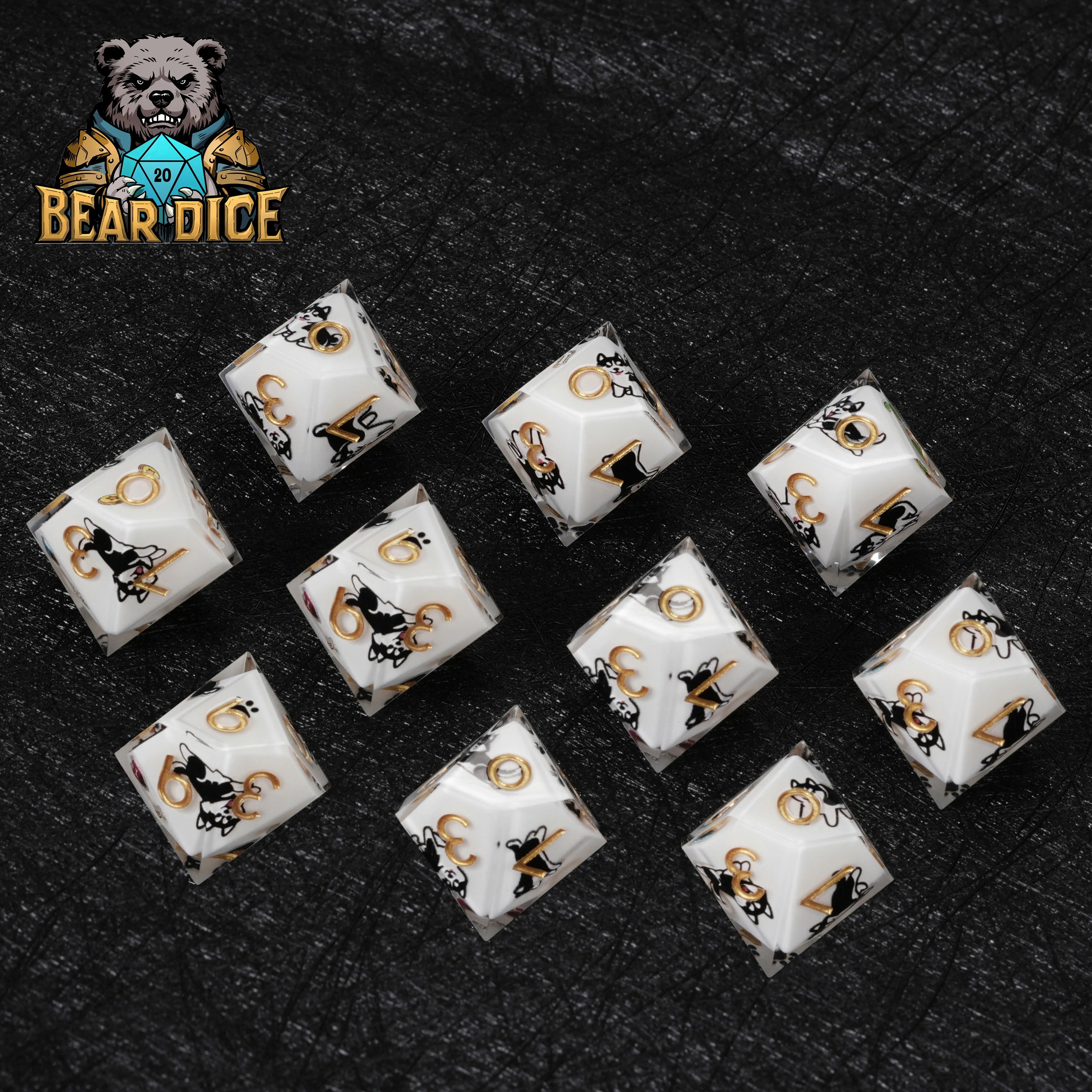 Husky White Resin DND D10 Dice | Sharp-Edged Polyhedral RPG Die with Husky Art