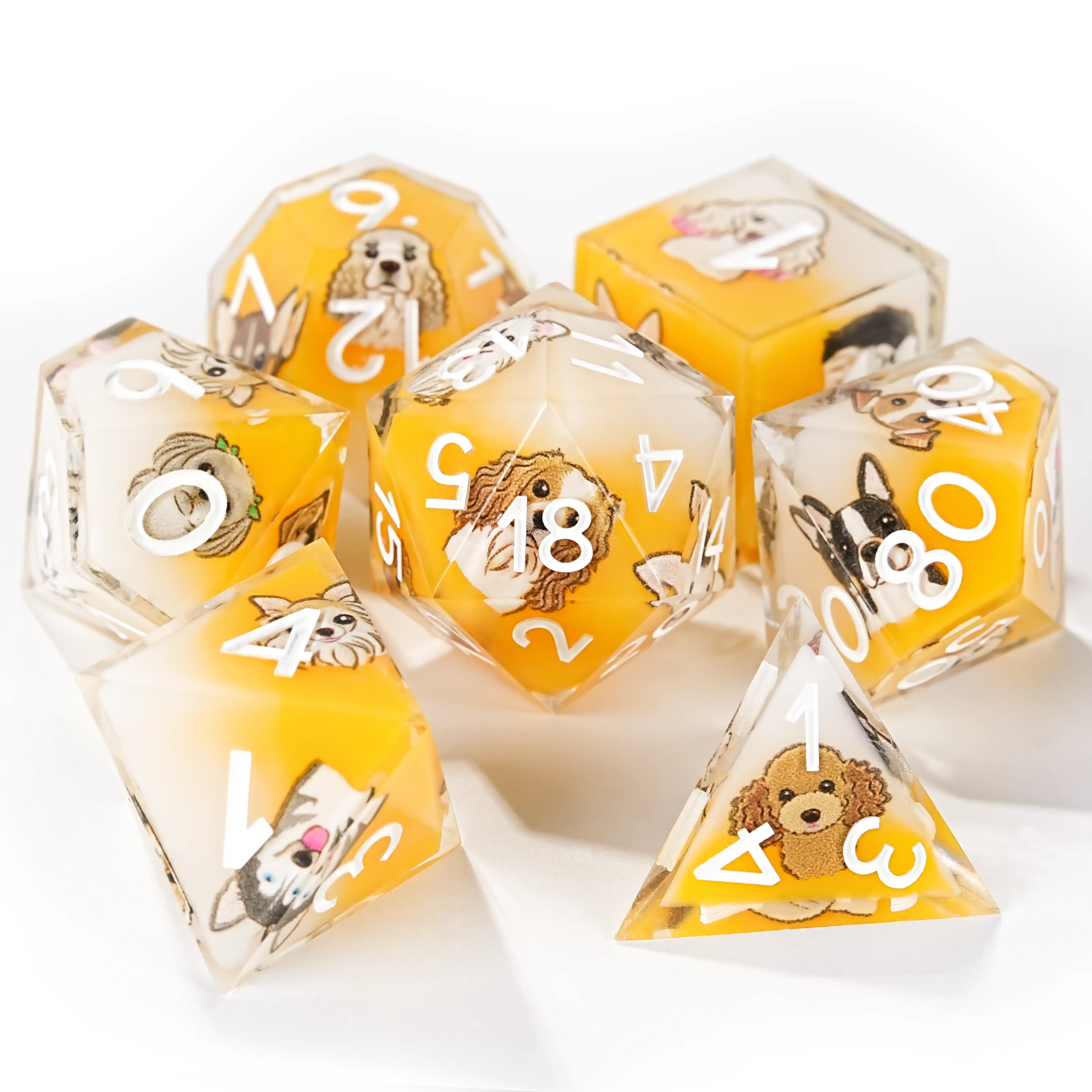 Yellow and white resin cute pet anime dog team polyhedral dice set + white numbers | Bear Dice