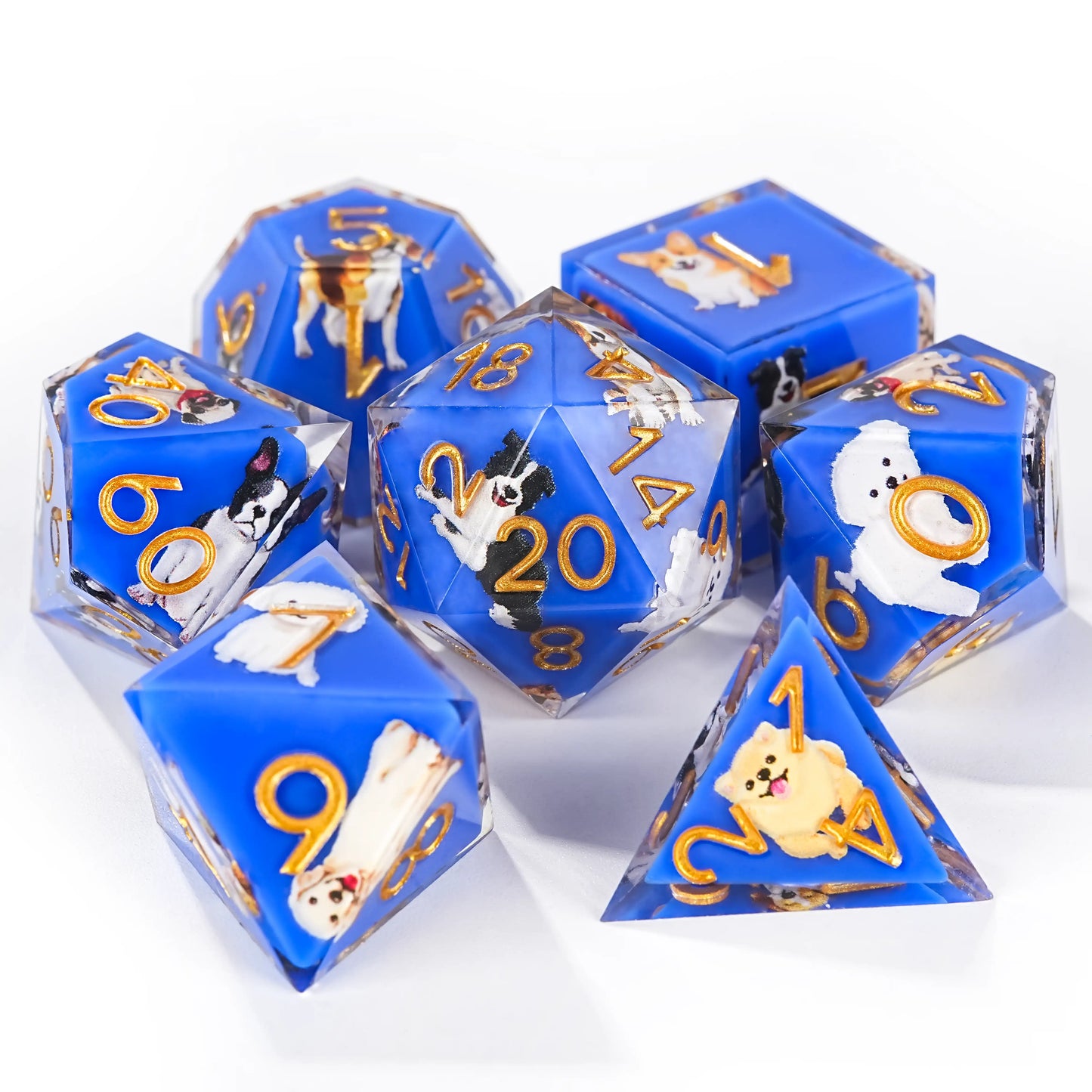 Colorful blue transparent resin cute dog pattern dice set + gold font