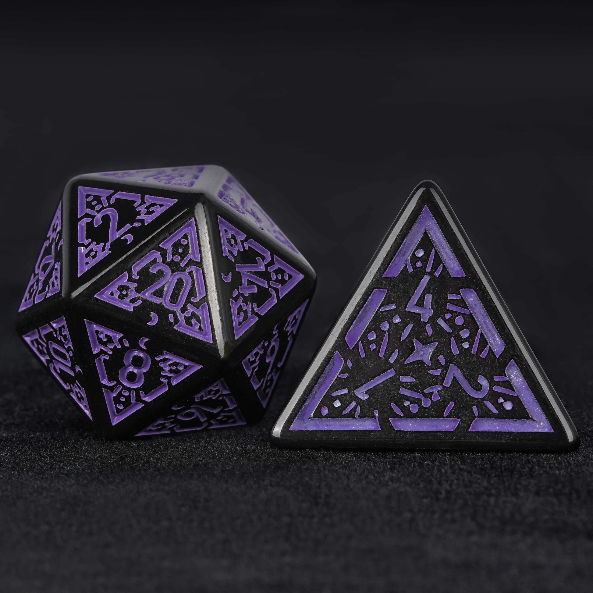 Black and purple rune acrylic DND D20 dice and D4 dice | Bear Dice