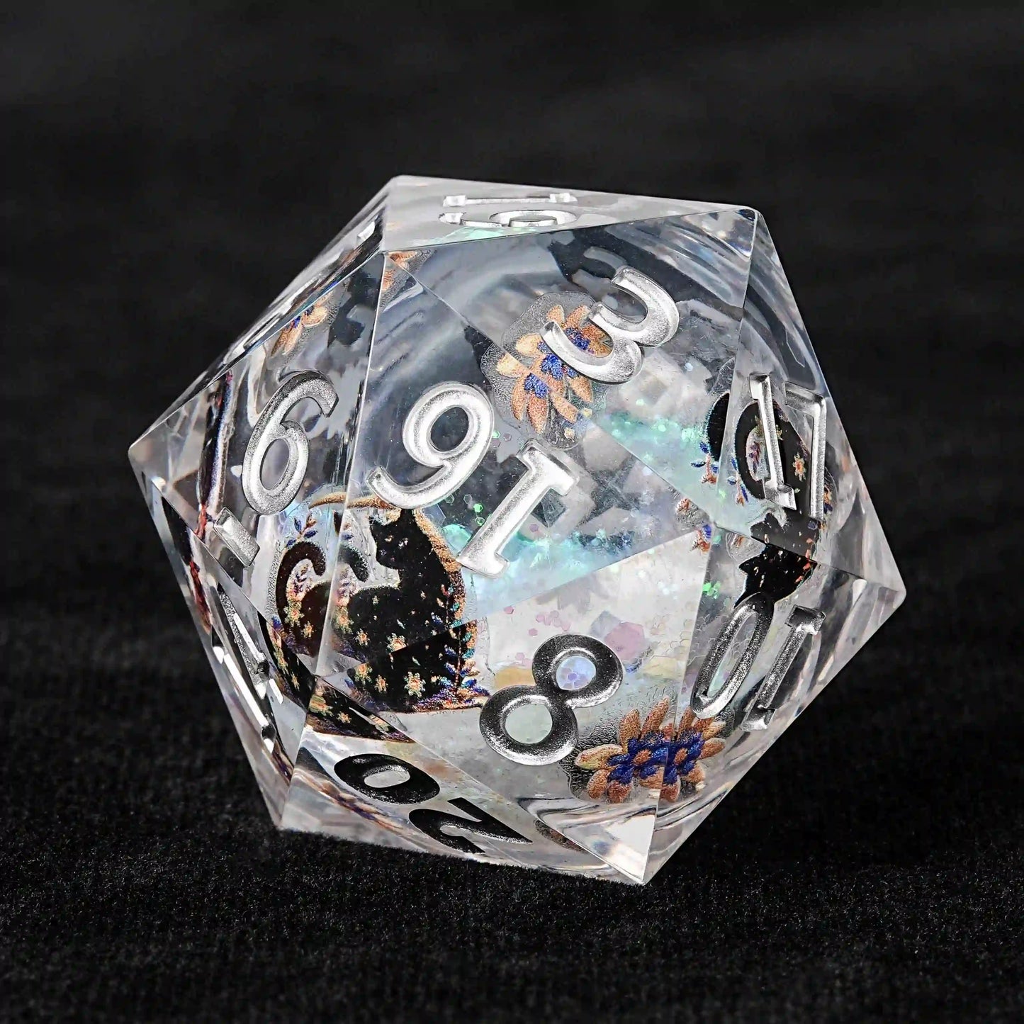 35mm Garden Cats Cream Giant D20 Clear Liquid Glitter Resin Dice + Gold Numbers | Bear Dice