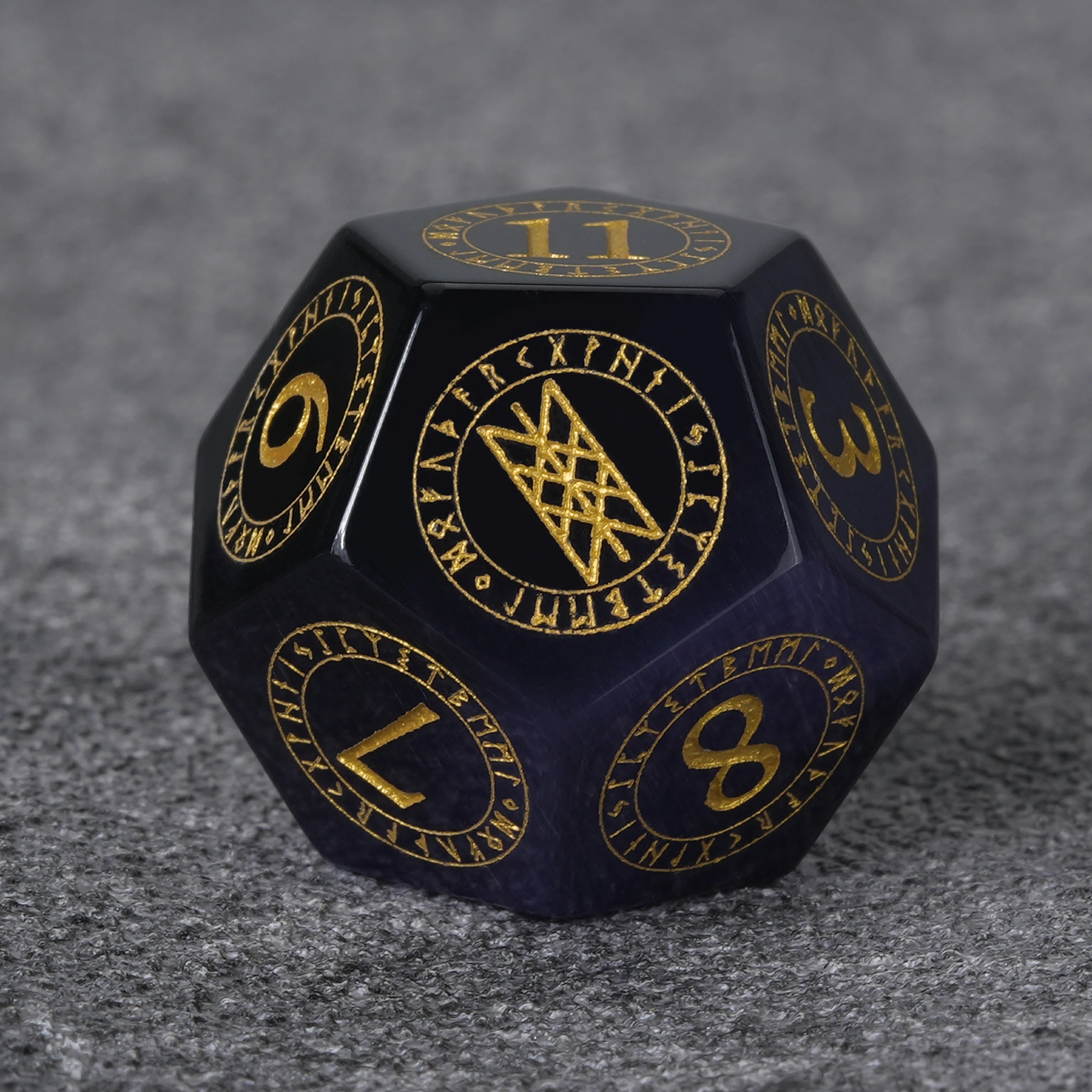 Amethyst DND Gemstone Dice Set with Gold Magical Runes