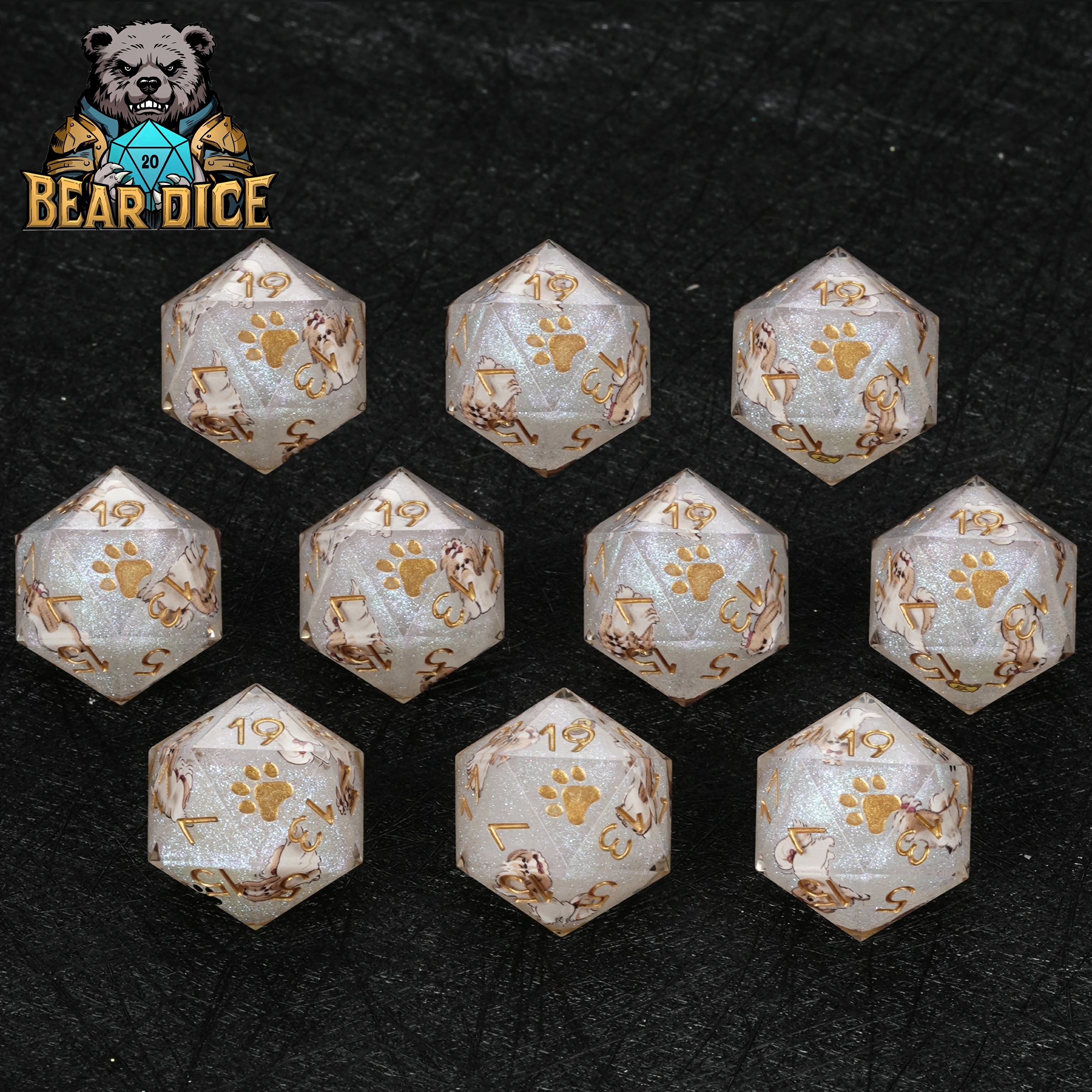 White Glitter Resin Shih Tzu DND Dice Set | Sharp-Edged D&D RPG Dice with Gold Numbers