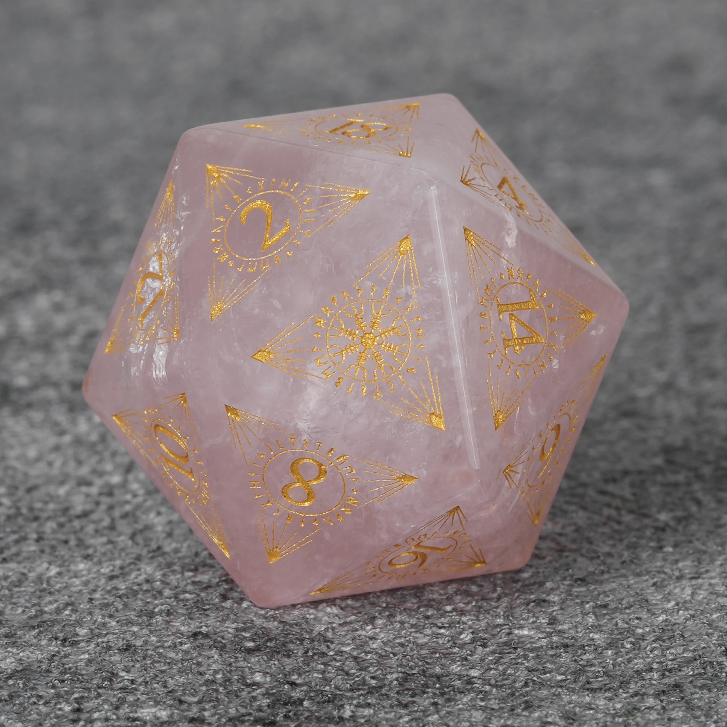 Rose Quartz Gemstone Dice Set with Gold Magical Runes