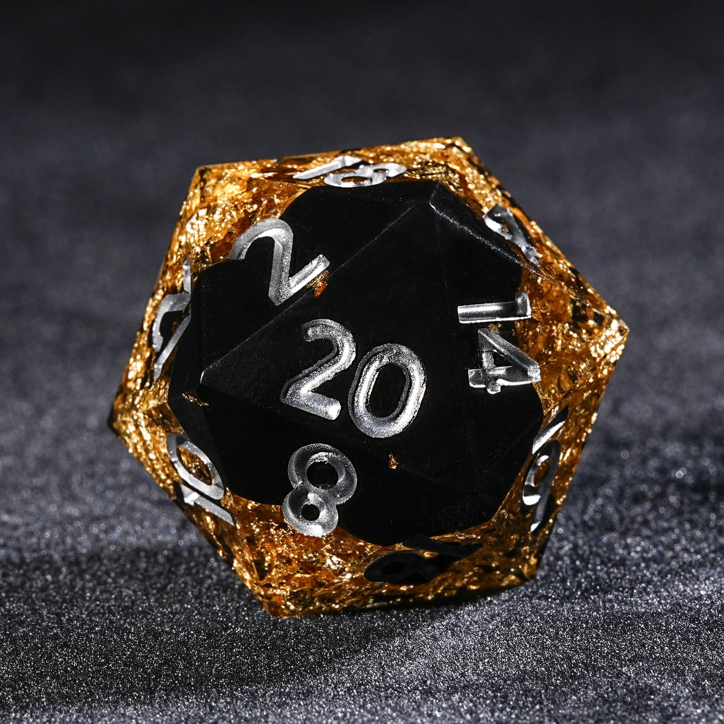 Black Gold Glory - Resin DND d20 Dice + Silver Font | Bear Dice