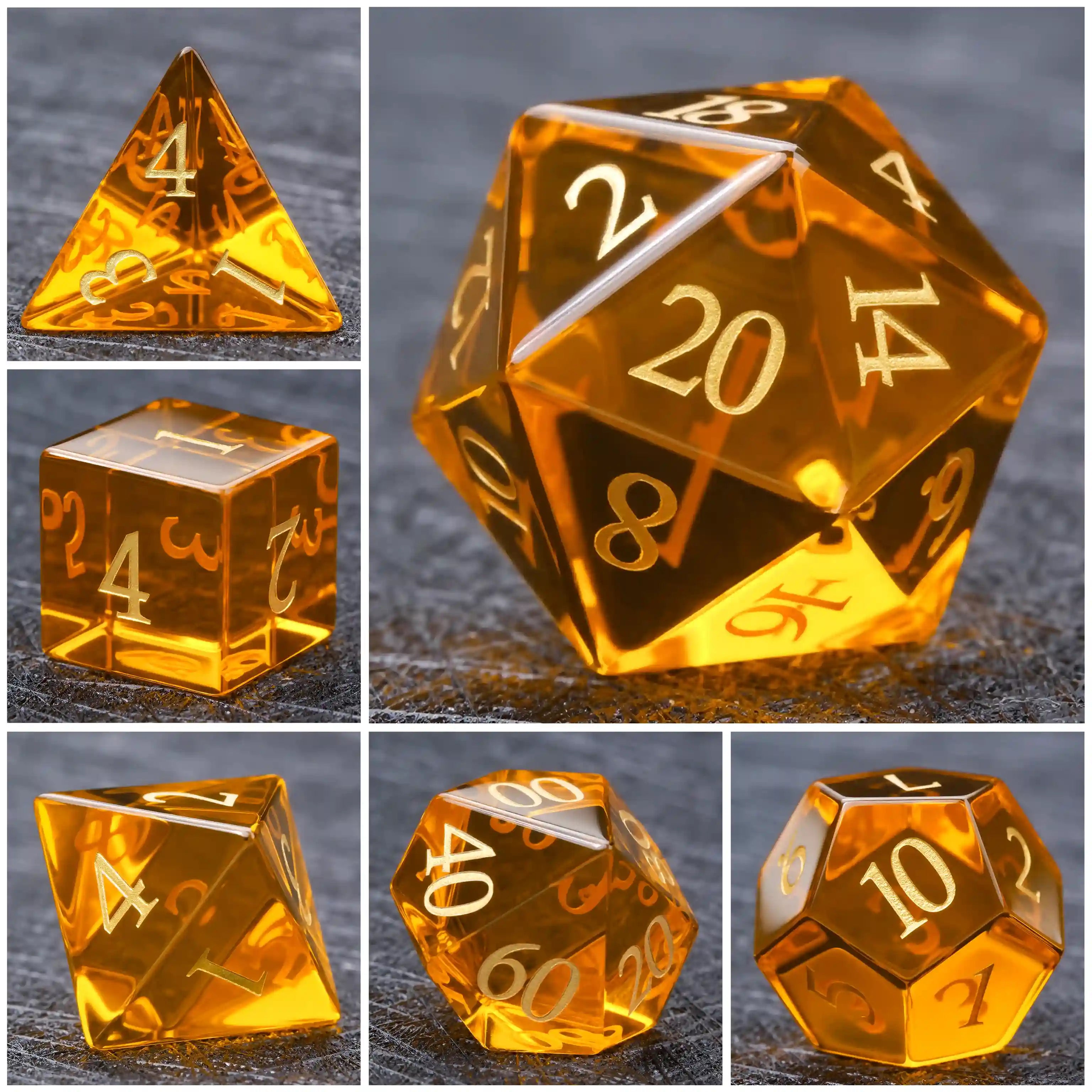Polyhedral Orange Glass Gemstone Dice Set