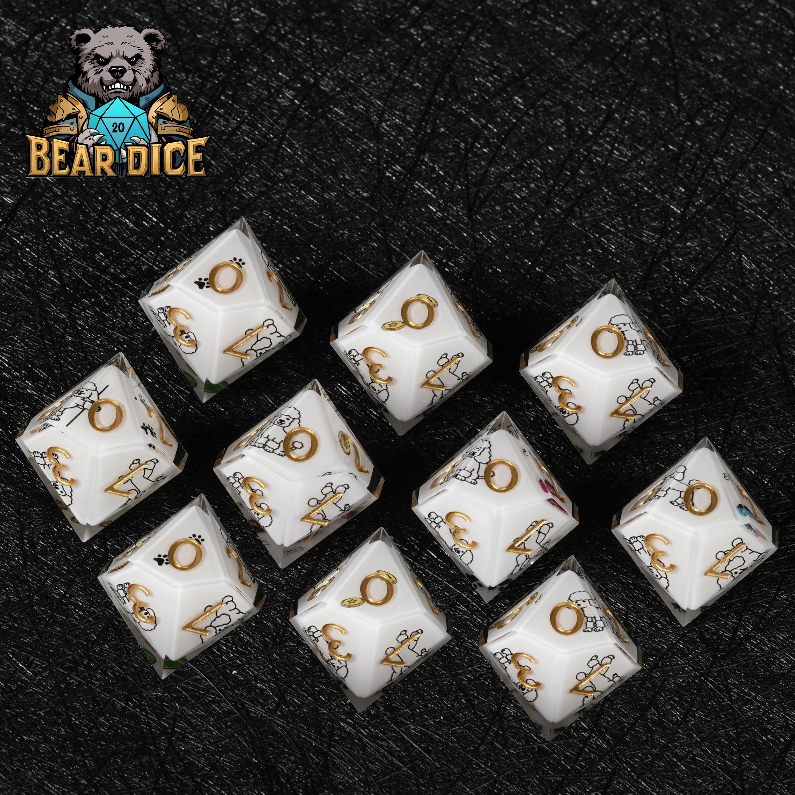 White Resin Poodle DND D10 Dice Set – Cute RPG Dice for D&D & Tabletop Games