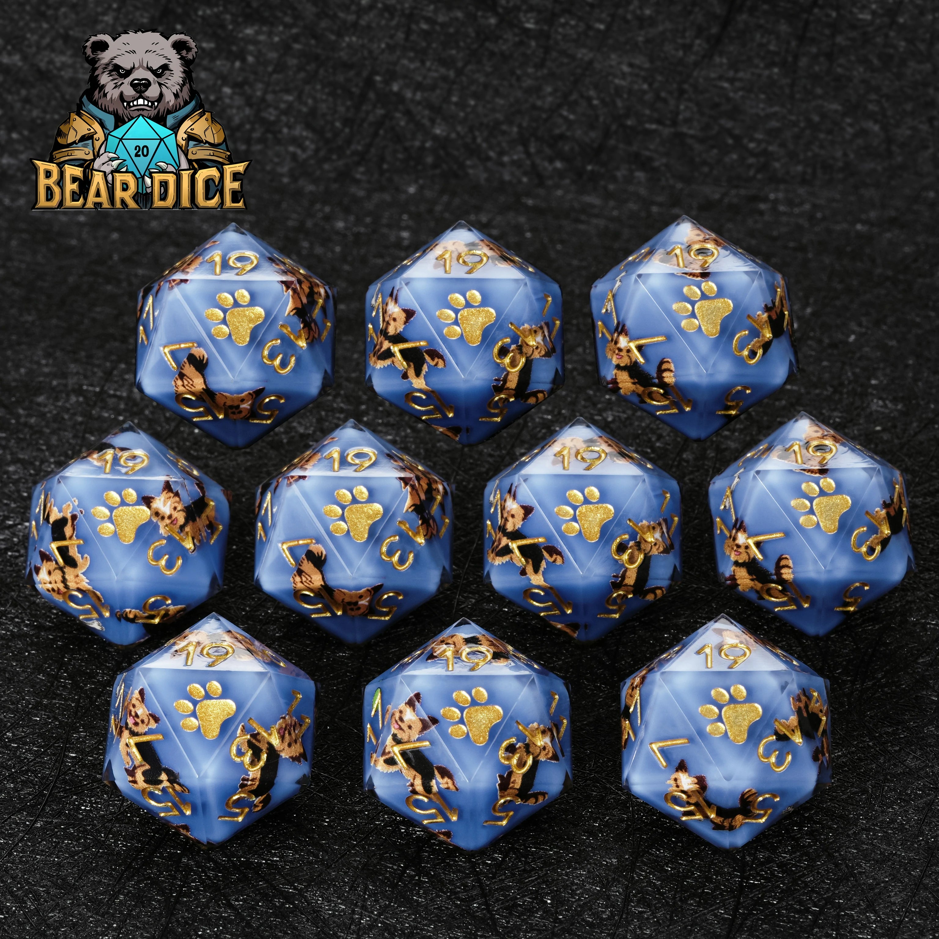 Yorkshire Terrier Blue Resin DND Dice Set – D20 Polyhedral Dice for Dog Lovers & RPG