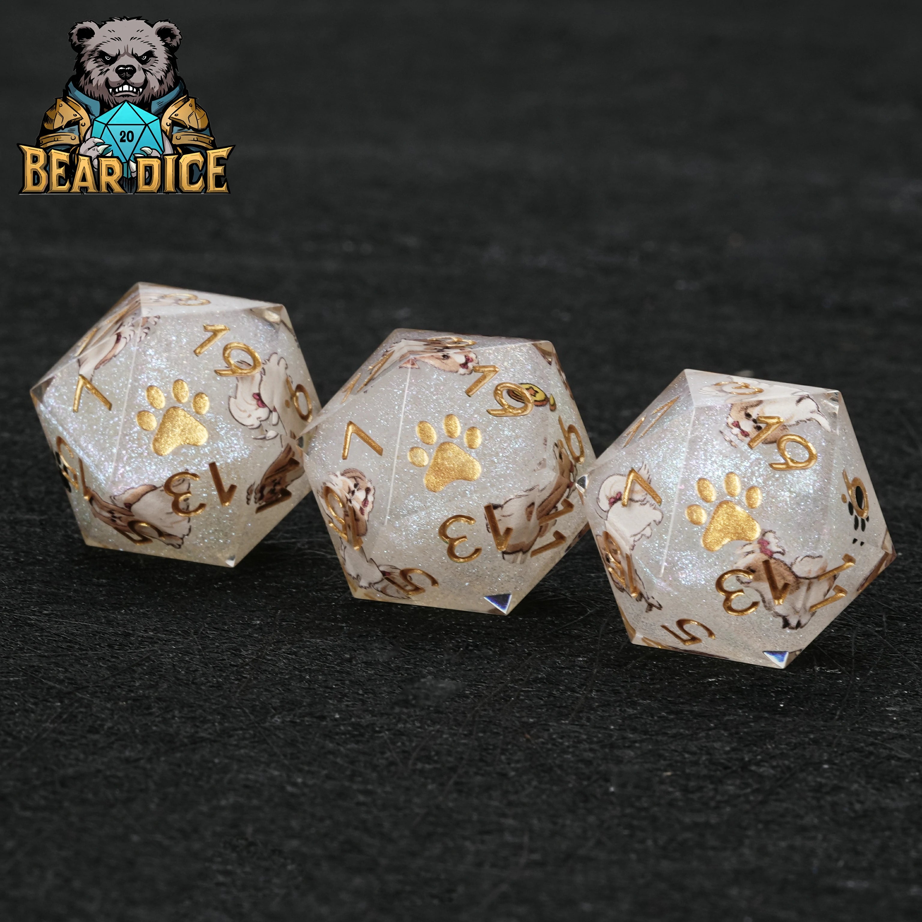 White Glitter Resin Shih Tzu DND Dice Set | Sharp-Edged D&D RPG Dice with Gold Numbers