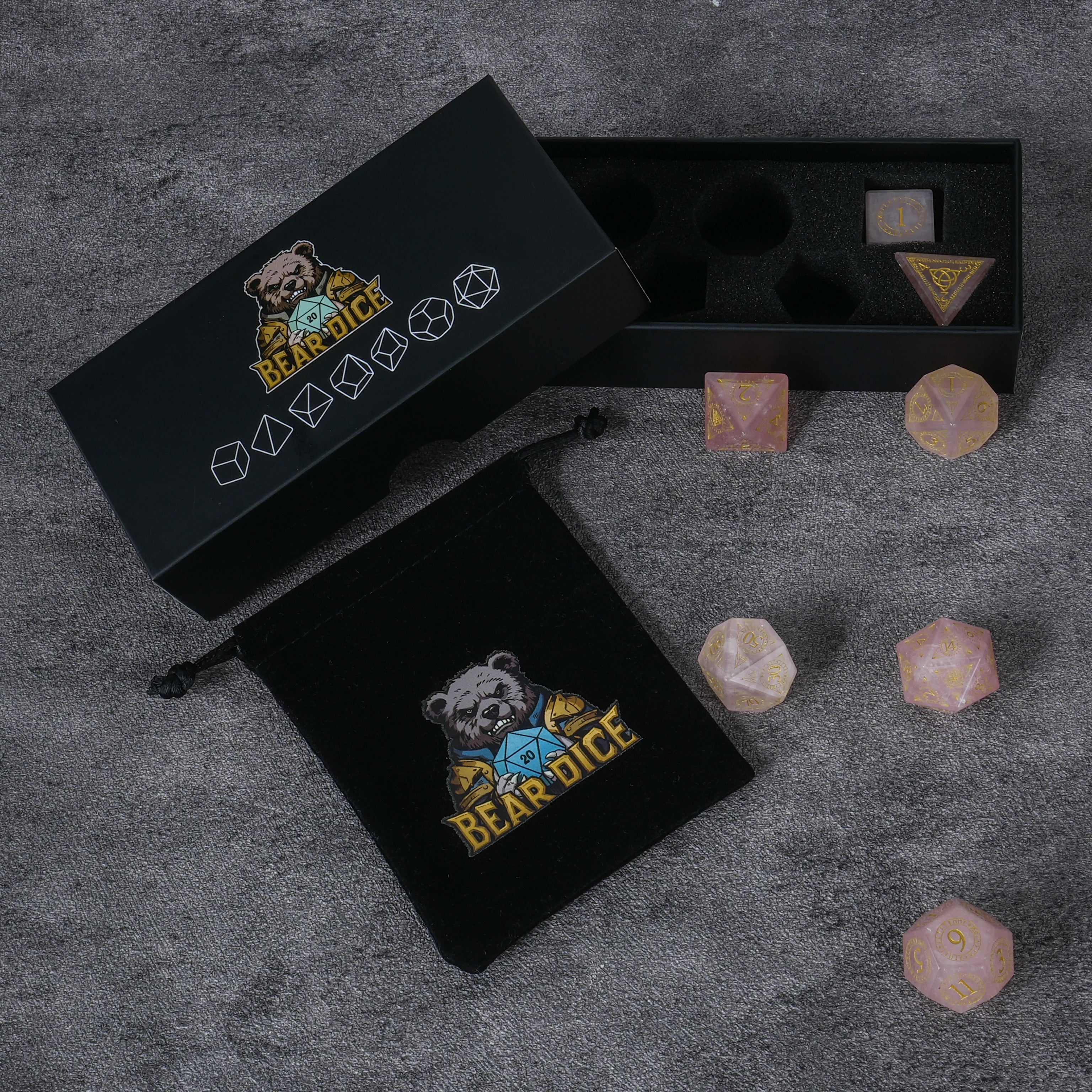 Rose Quartz Gemstone Dice Set with Gold Magical Runes
