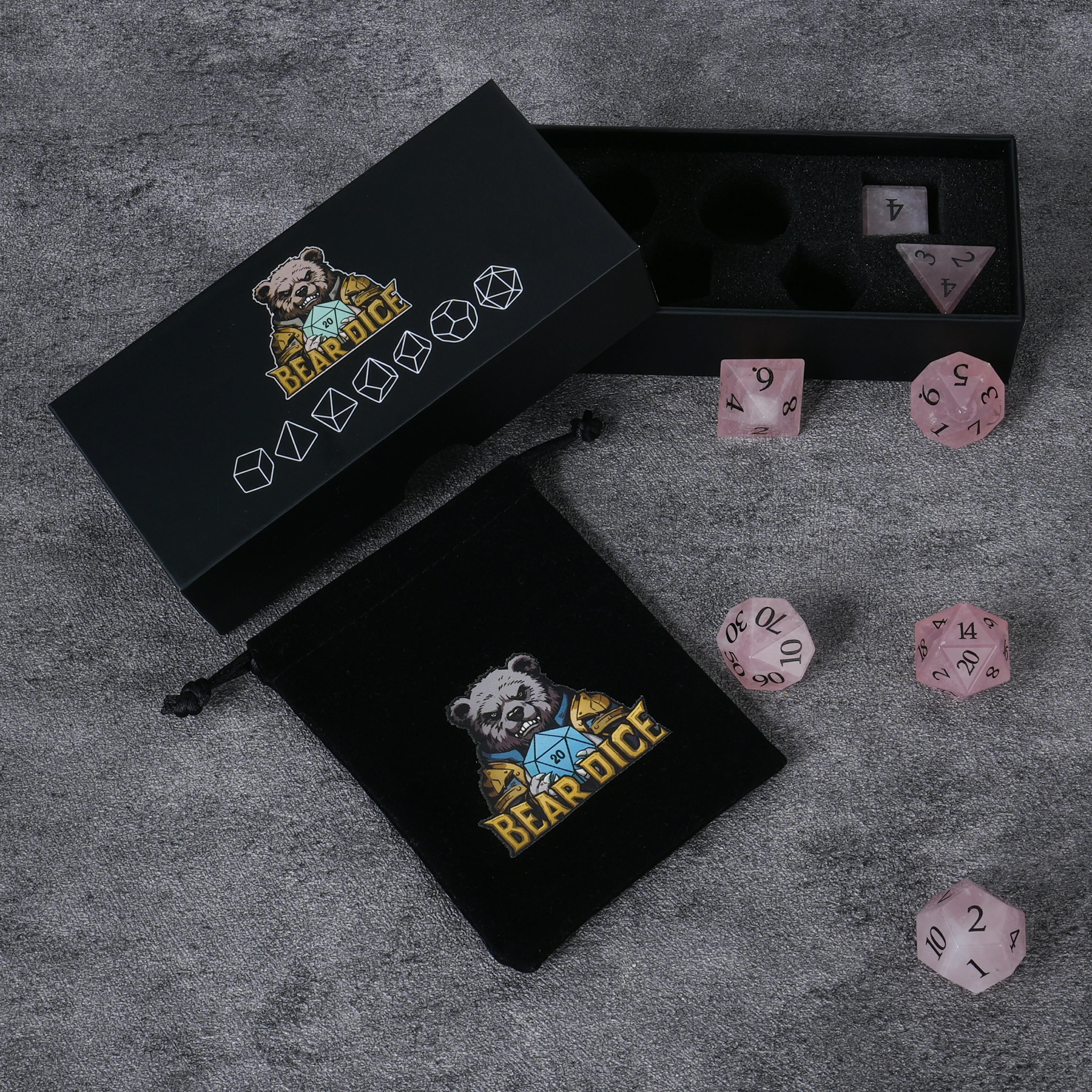 Rose Quartz Multi-Faceted Gemstone Dice Set with Black Numbers