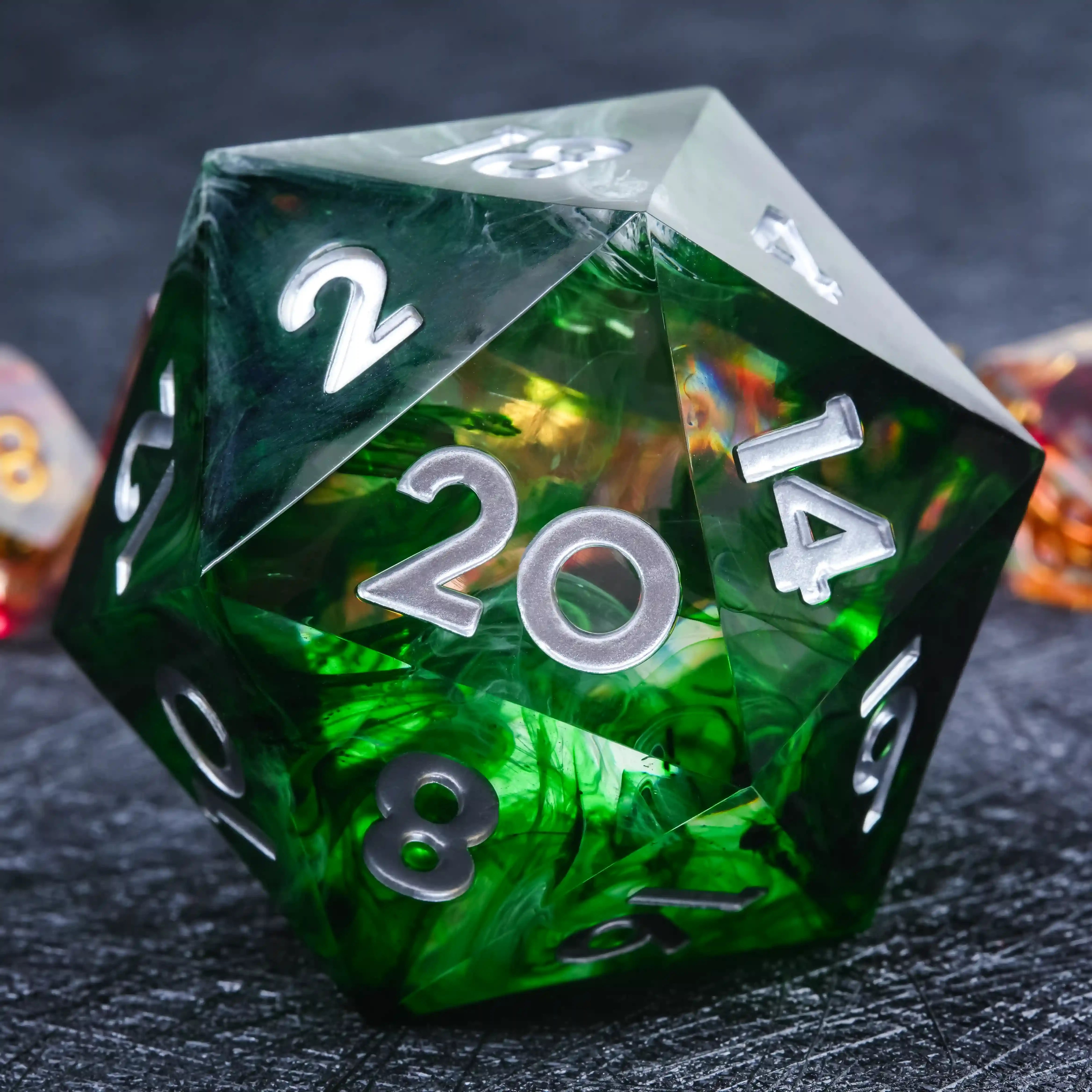 35mm Dark Green Swirl Transparent Resin D20 Dice with White Numbers