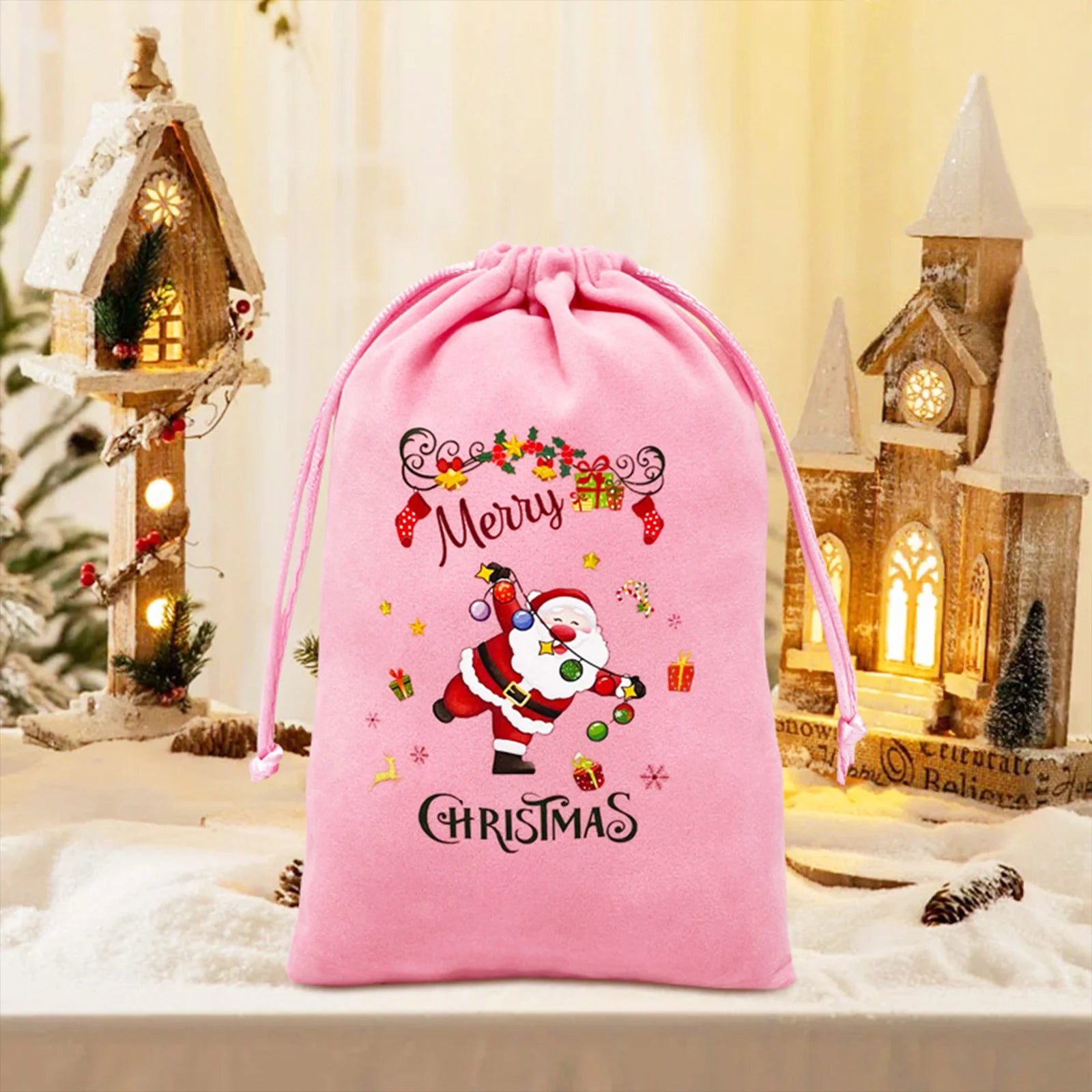 Christmas themed drawstring bag for board game dice storage, cute velvet gift bag