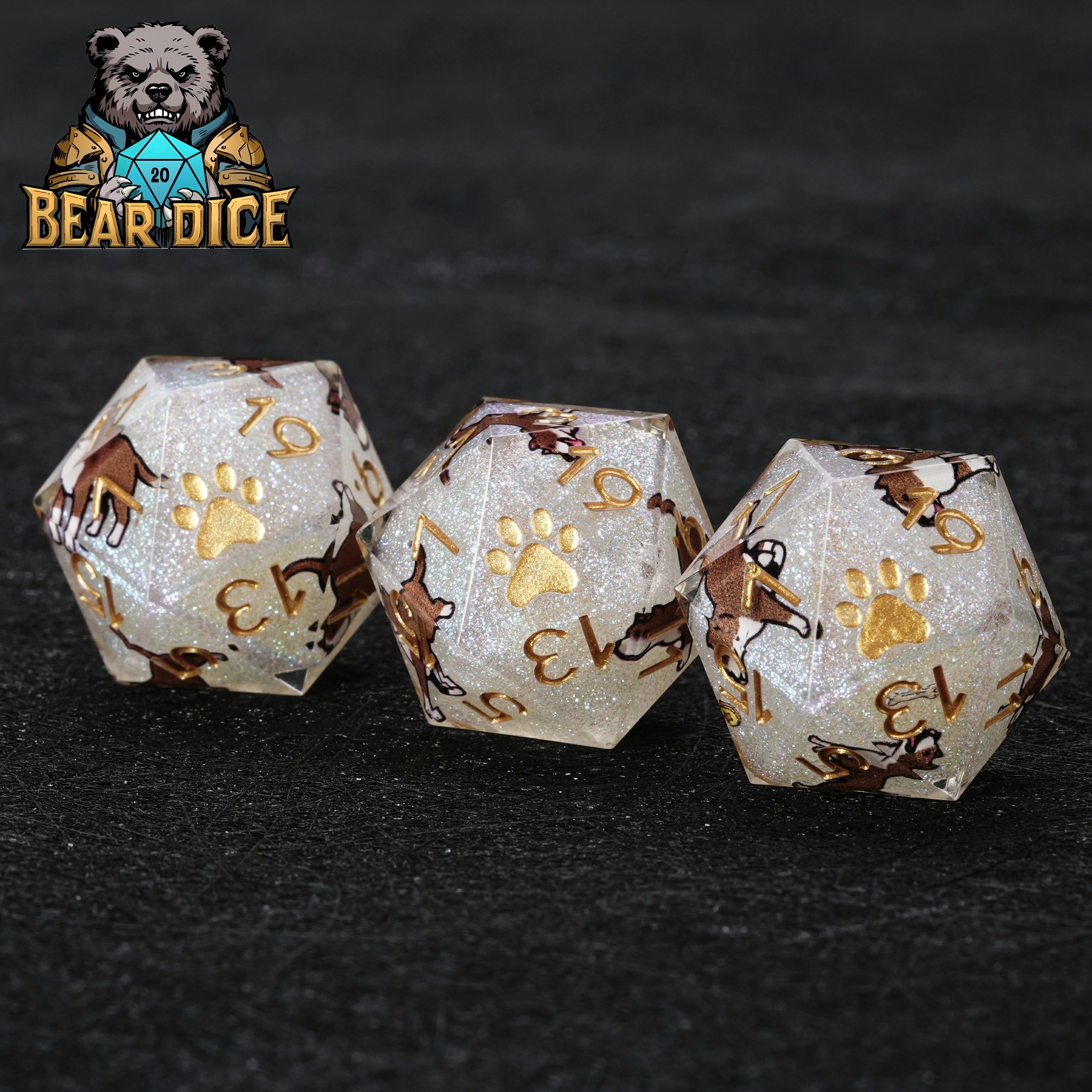 American Pit Bull White Glitter Resin D&D D20 Dice
