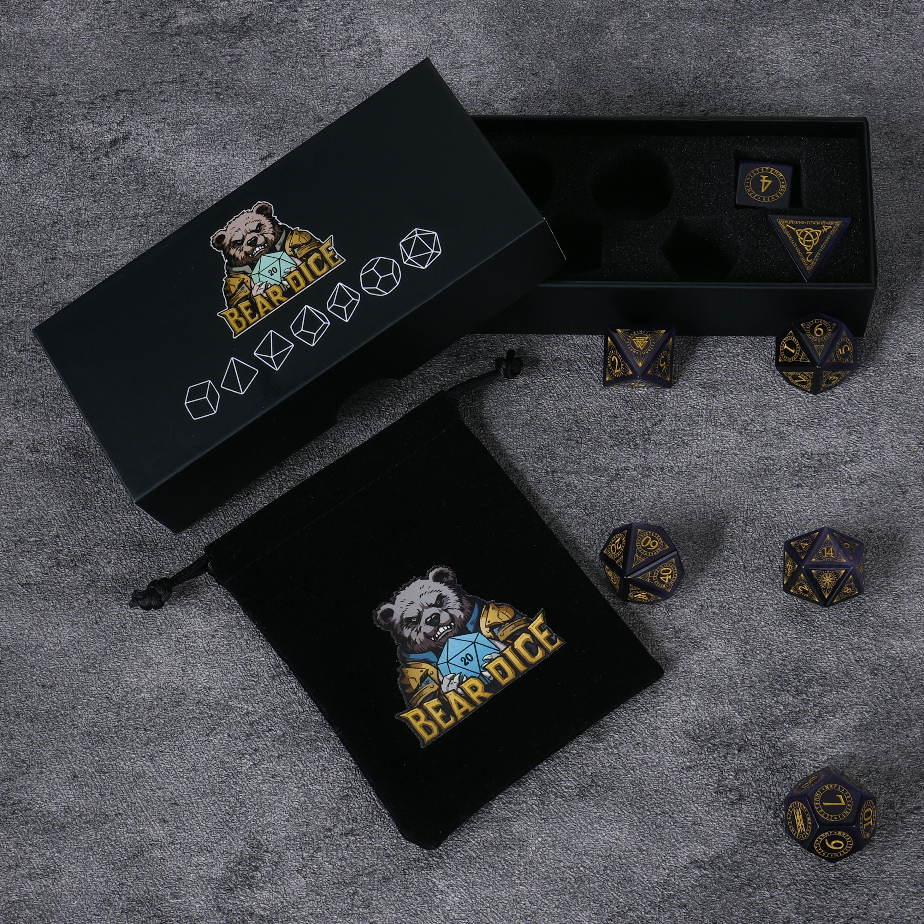 Amethyst DND Gemstone Dice Set with Gold Magical Runes
