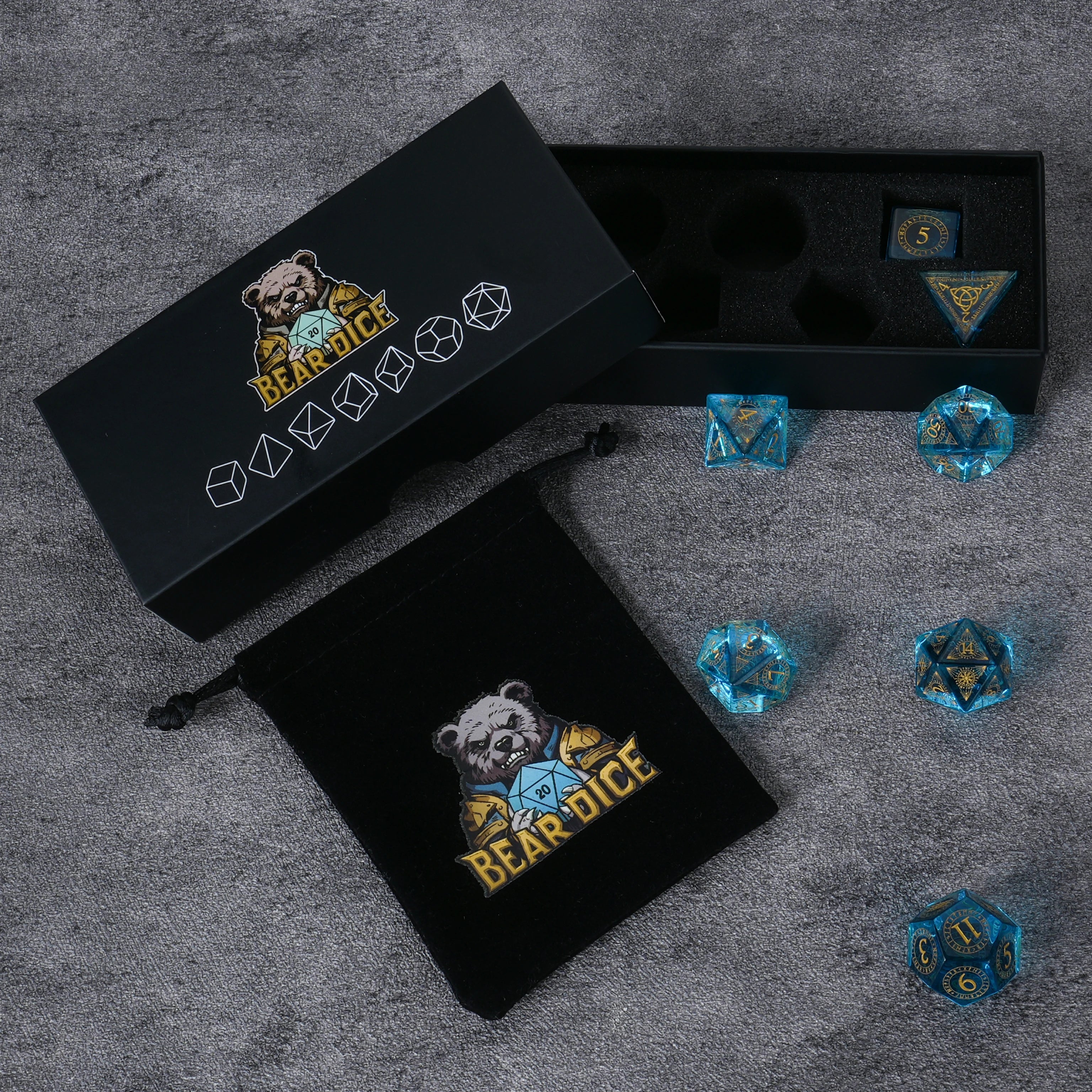 Ice Blue Glass Dice Set with Mystical Rune Magic Circle