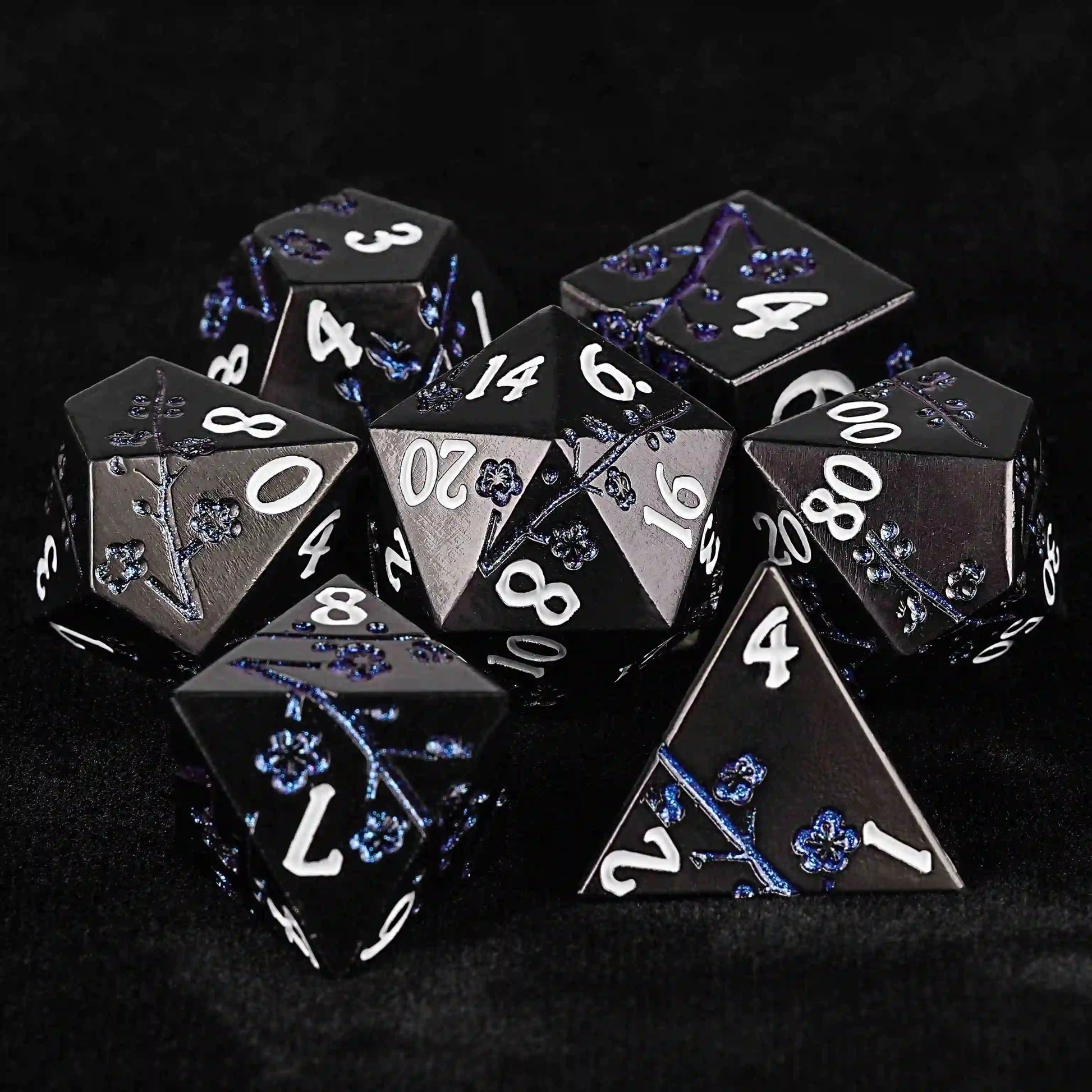 Black and Blue Cherry Blossom Metal DND Dice Set + White Number | Bear Dice