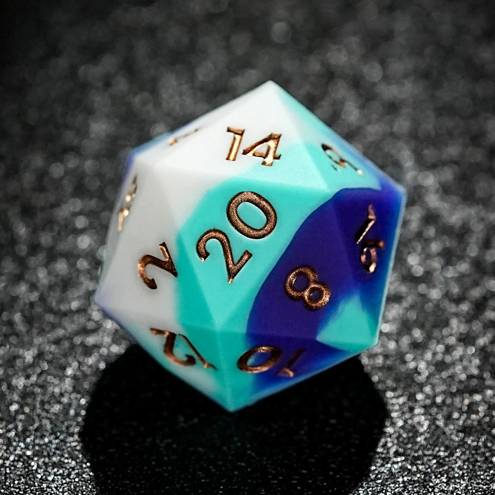 White, blue, purple silicone polyhedral RPG 20 sided dice + gold numbers | Bear Dice