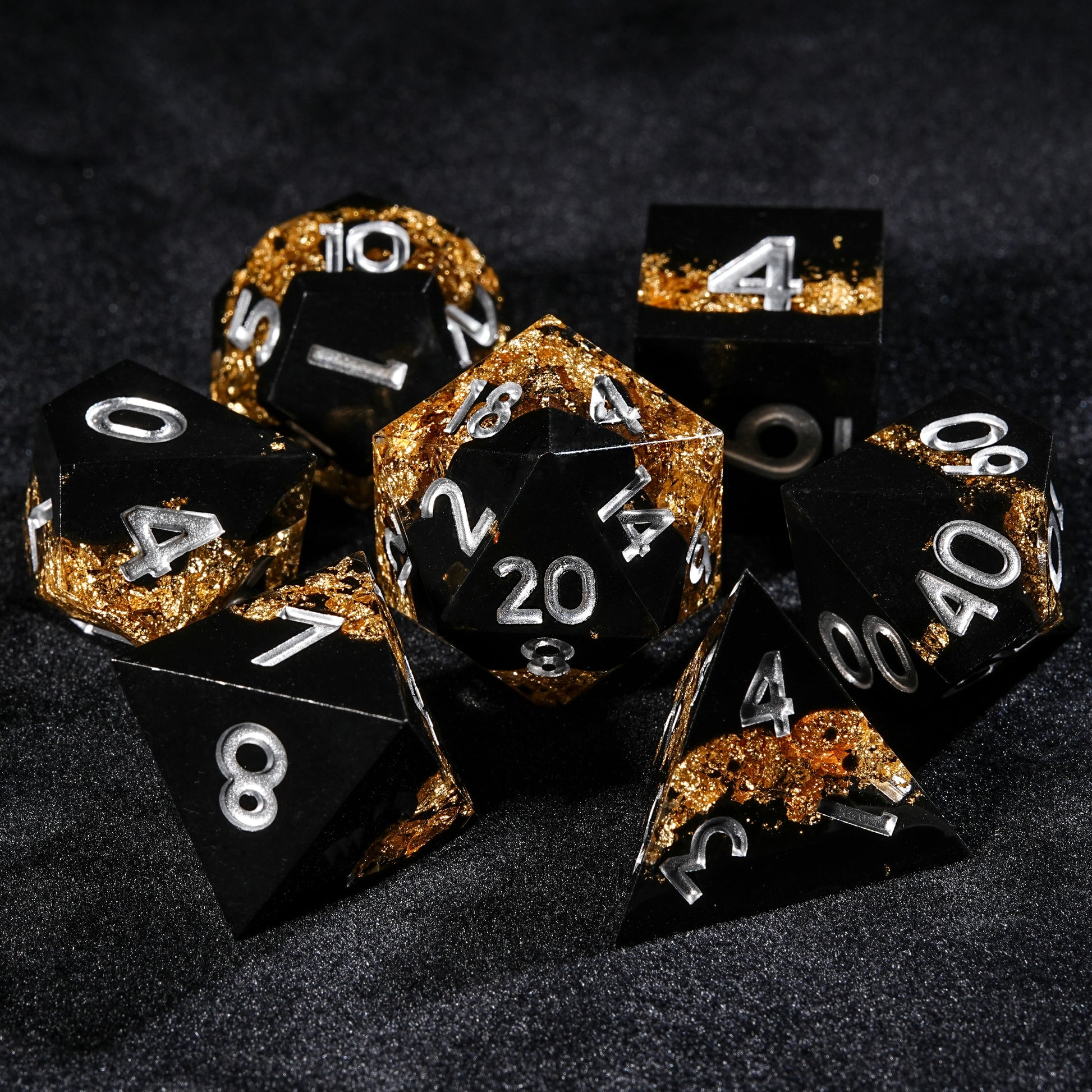 Black Gold Glory - Resin DND Dice Set + Silver Font | Bear Dice