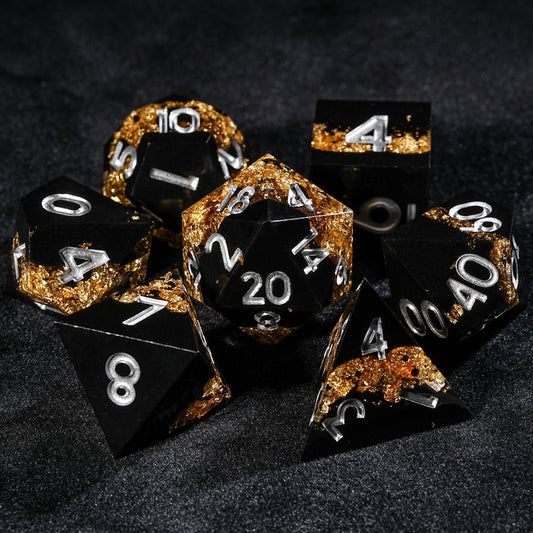 Black Gold Glory - Resin DND Dice Set + Silver Font | Bear Dice