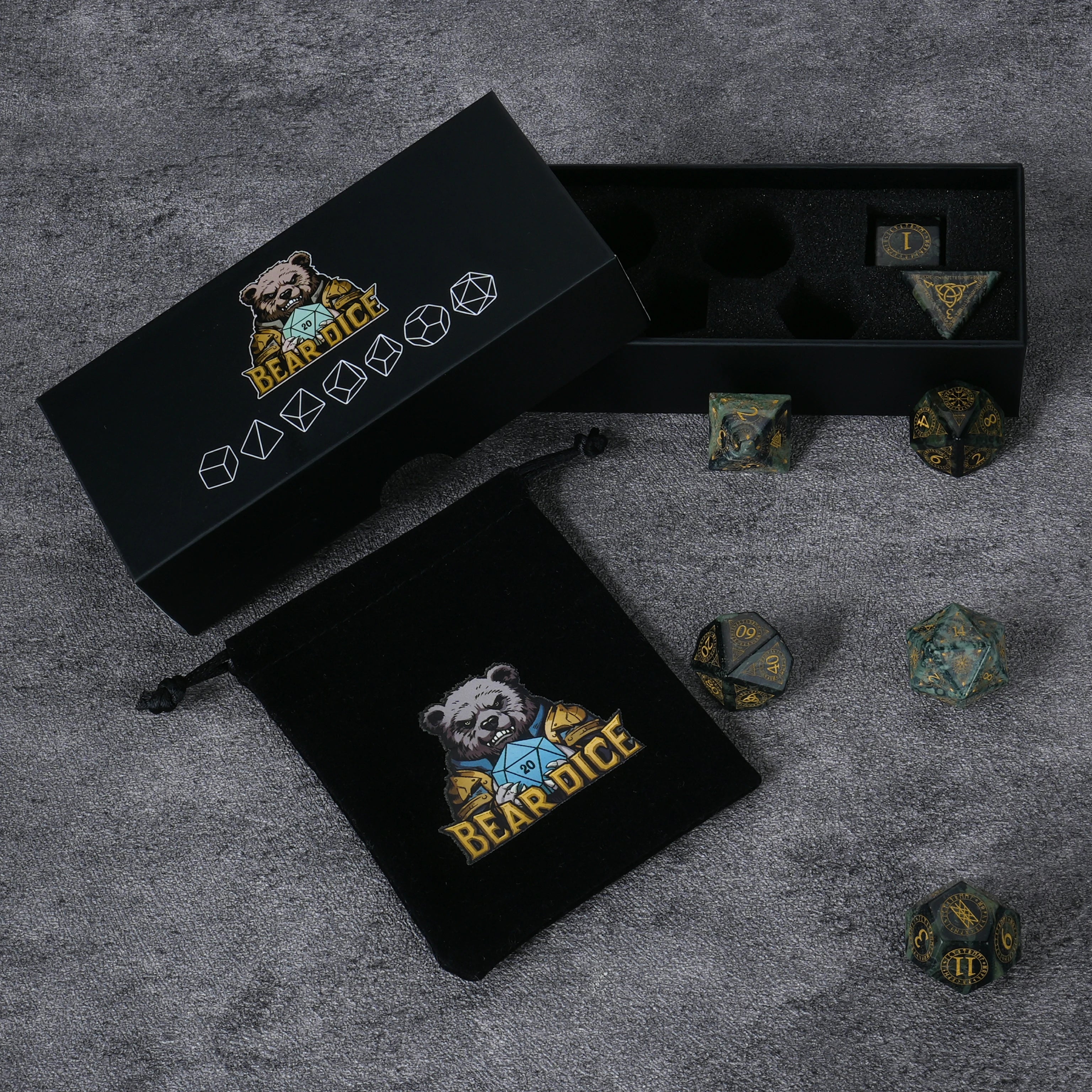 Moss Green Gemstone Dice Set with Mystical Rune Magic Circle