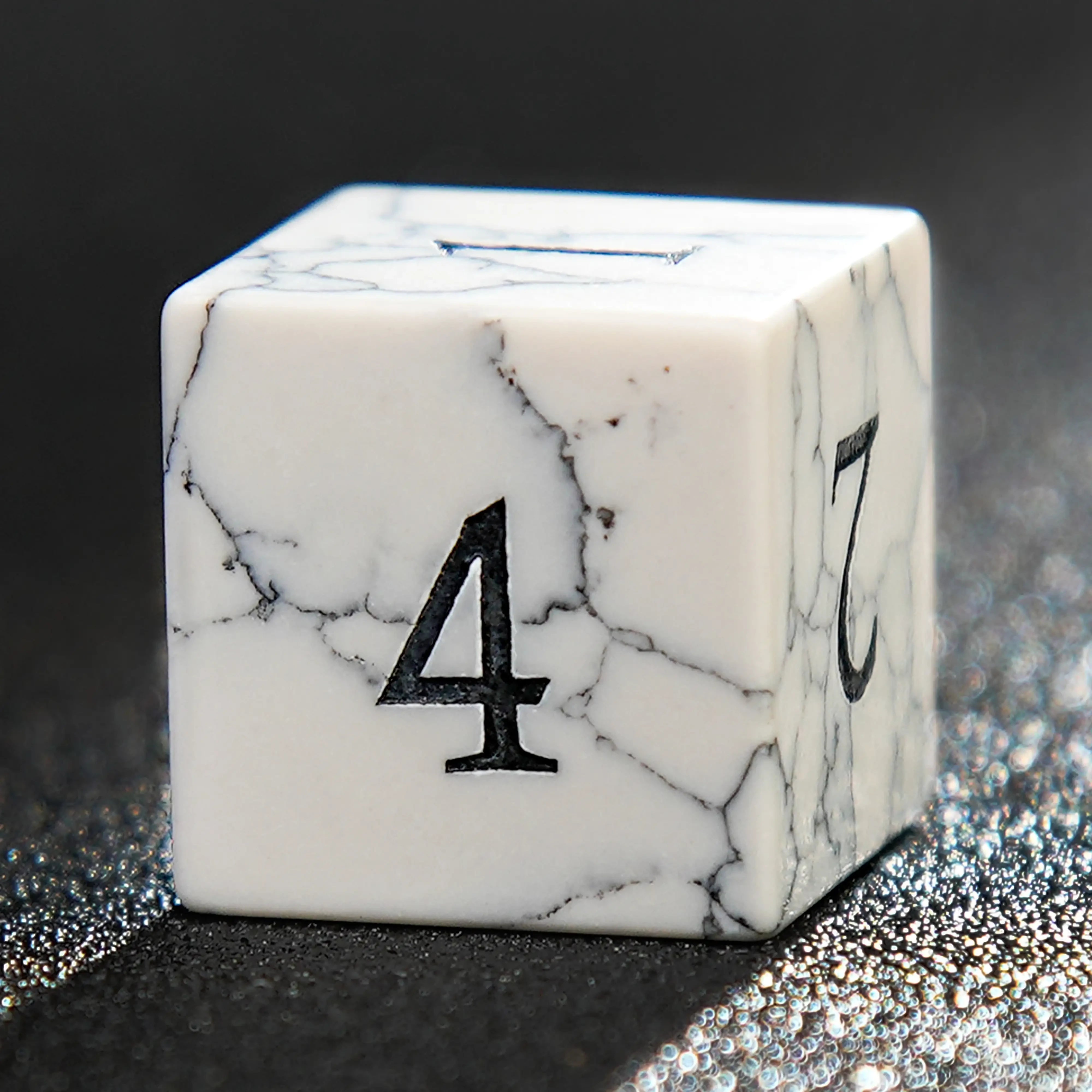 White Turquoise (Howlite) Gemstone Dice Set with Black Veining & Numbers