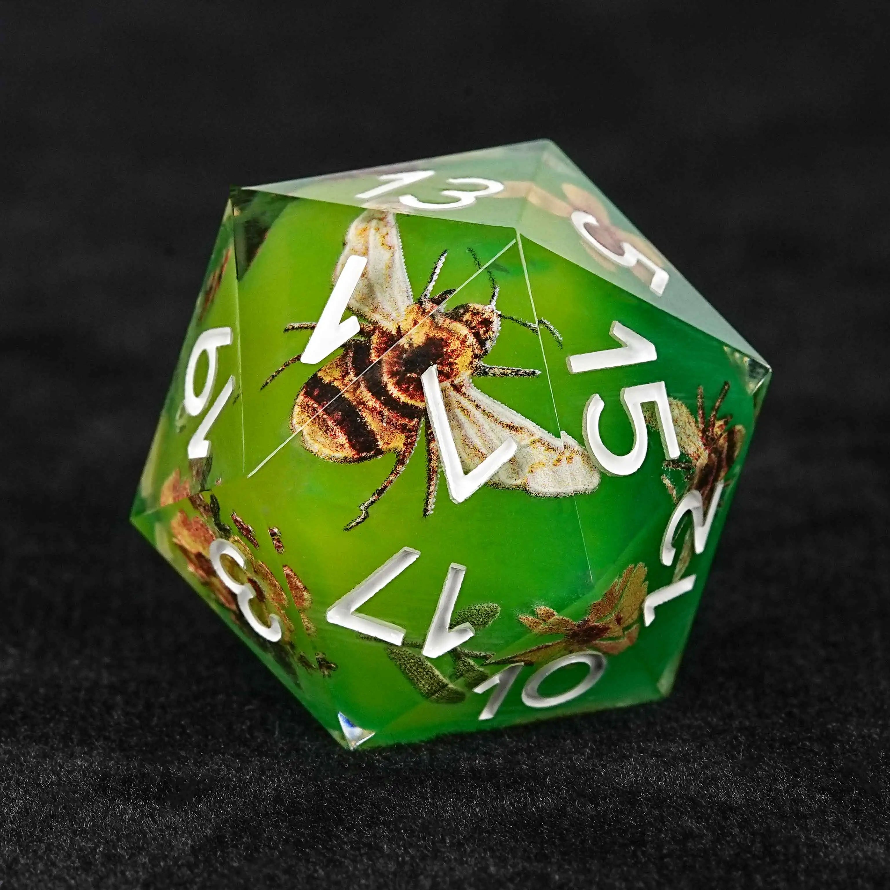 Bees Collecting Honey from Flowers Yellow-Green Resin RPG 20 Sided Dice + White Font | Bear Dice