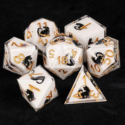 Moon Night Shadow Cat Guardian Unusual White Resin DnD Dice Set | Bear Dice