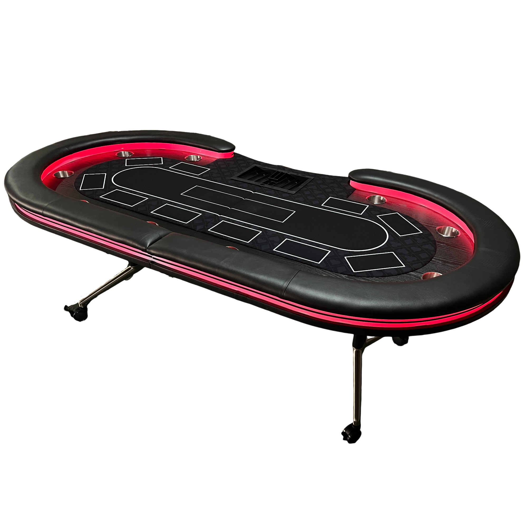94-Inch Black Foldable Mobile Poker Table with Red LED Lights and Wheeled Legs, Seats 10 Players | Bear Dice