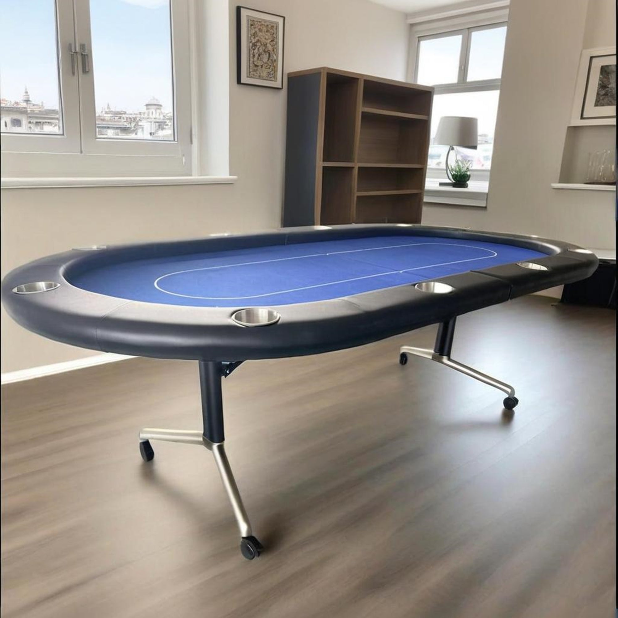 94-Inch Blue Oval Foldable Portable Poker Table – Room Scene Full View | Bear Dice