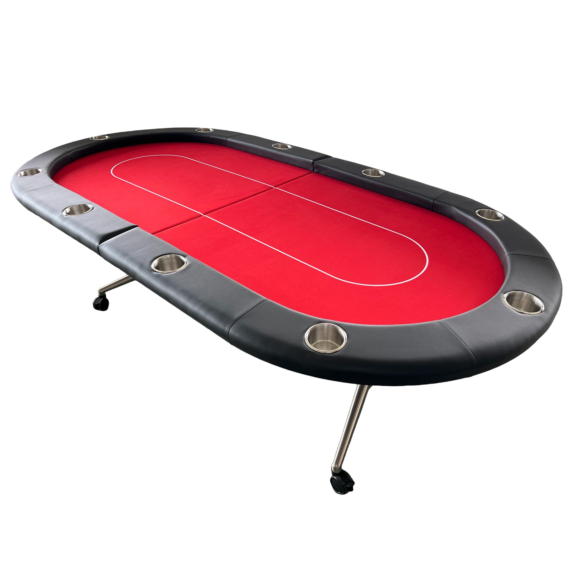 94-inch red felt oval foldable casino poker table with casters and 10 cup holders | Bear Dice