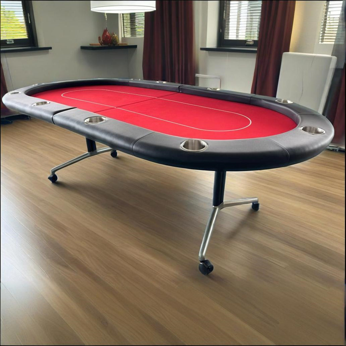 94-inch red oval foldable metal poker table with casters, suitable for 10 players | Bear Dice