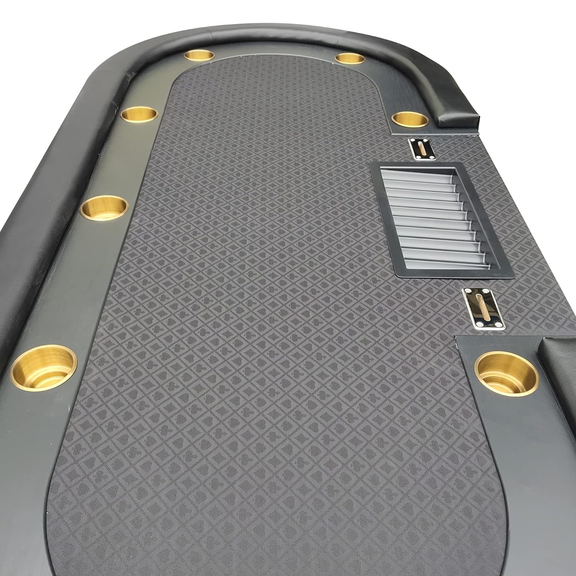 96-Inch Oval Waterproof Black Felt Poker Table with Poker-Themed Pattern and Chip Tray | Bear Dice